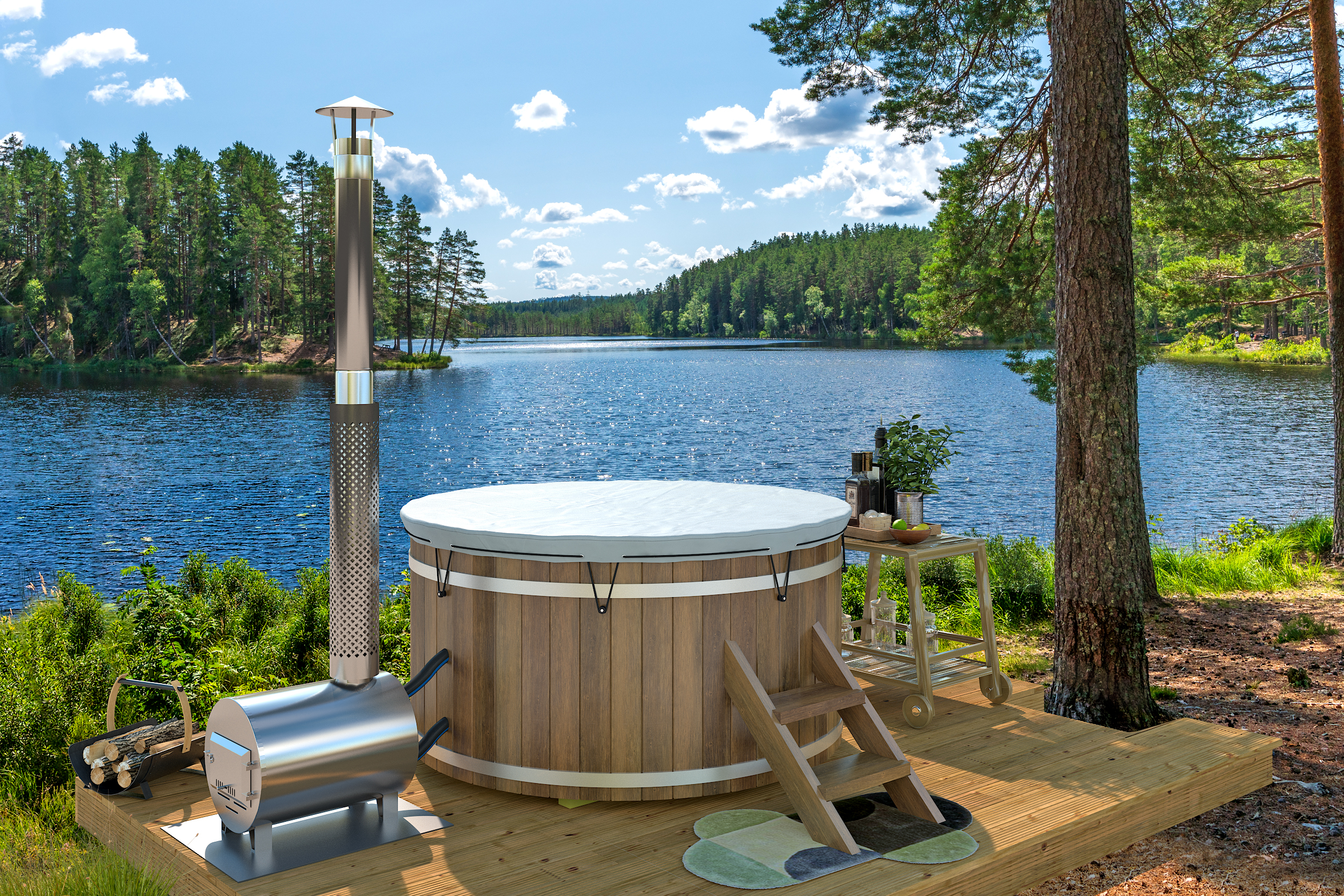 Hottub mit Außen-Holzofen aus Edelstahl Ø180 cm Thermowood