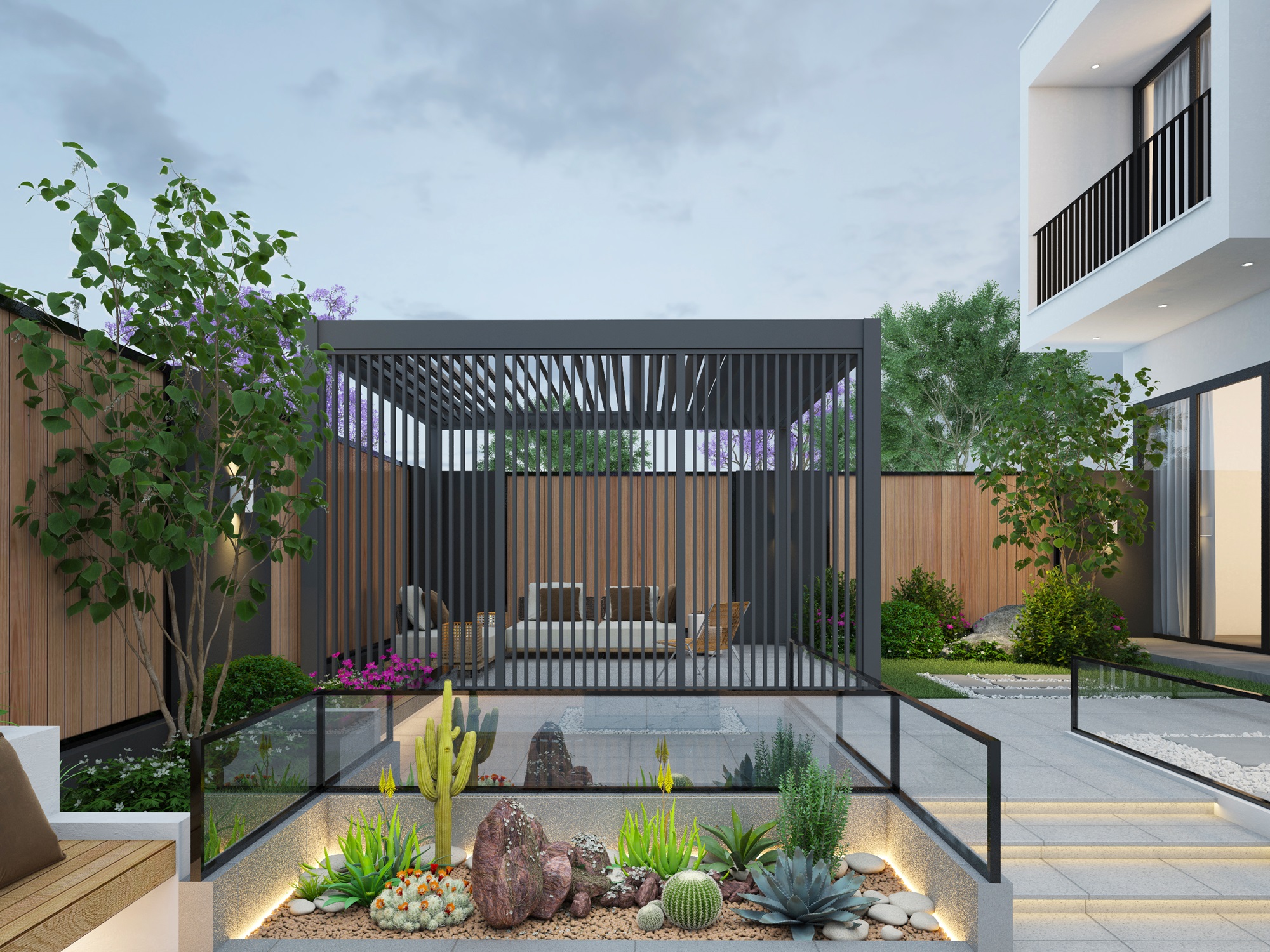 Sfeerfoto Aluminium overkapping Louvrepaneel 113,3 cm verticaal antraciet