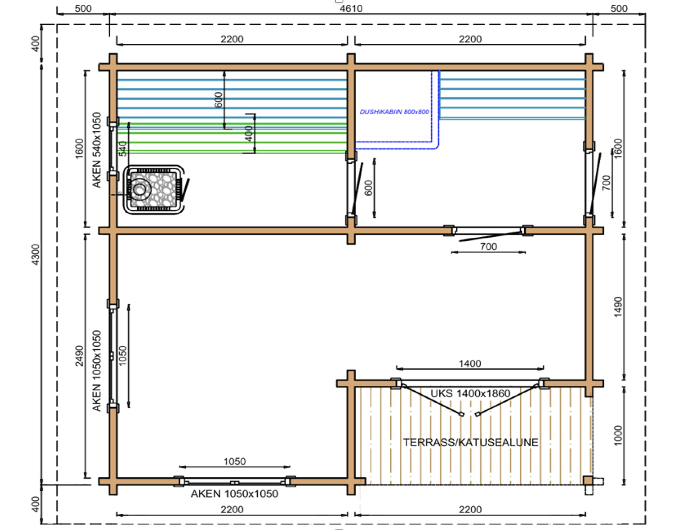 Plattegrond Sauna huis Tanhua | 70 mm | onbehandeld
