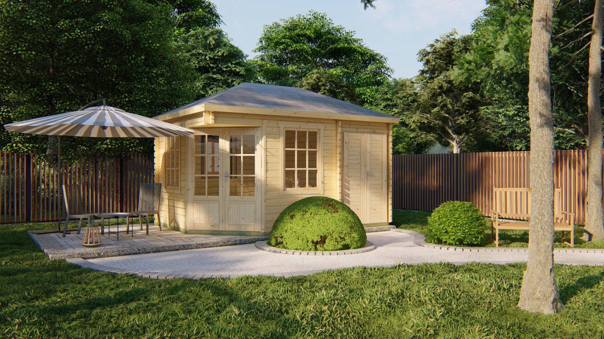 Blokhut - Tuinhuis Agnes | 44 mm | vuren honinggeel geïmpregneerd Blokhut - Tuinhuis Agnes | 44 mm | vuren honinggeel geïmpregneerd
