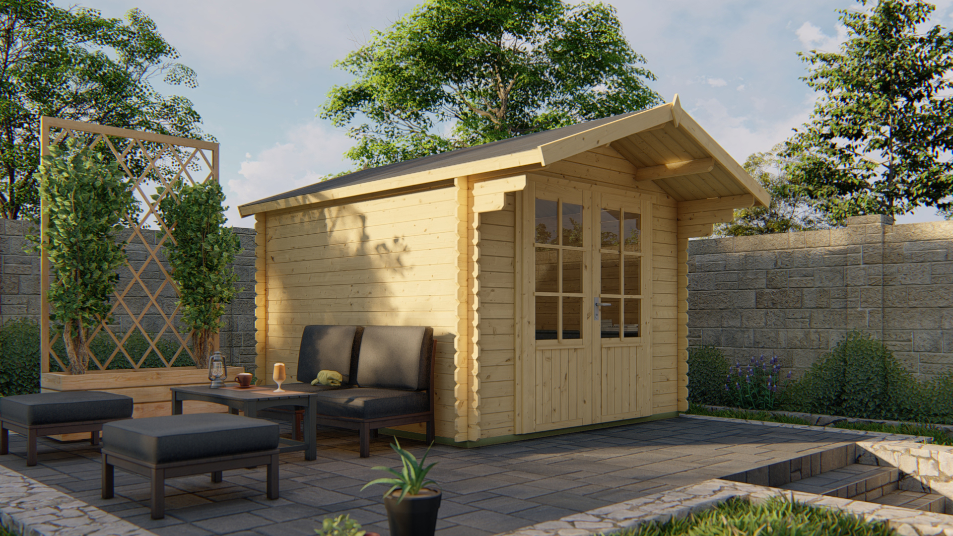 Blokhut - Tuinhuis Perlund | 28 mm | vuren onbehandeld Blokhut - Tuinhuis Perlund | 28 mm | vuren onbehandeld