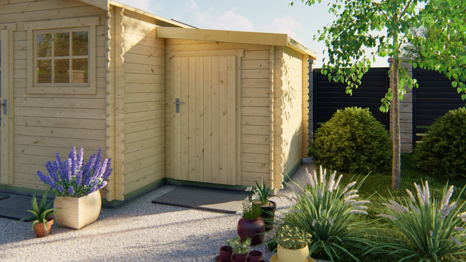 Blokhut - Tuinhuis Aanbouw | 44 mm | vuren honinggeel geïmpregneerd Blokhut - Tuinhuis Aanbouw | 44 mm | vuren honinggeel geïmpregneerd