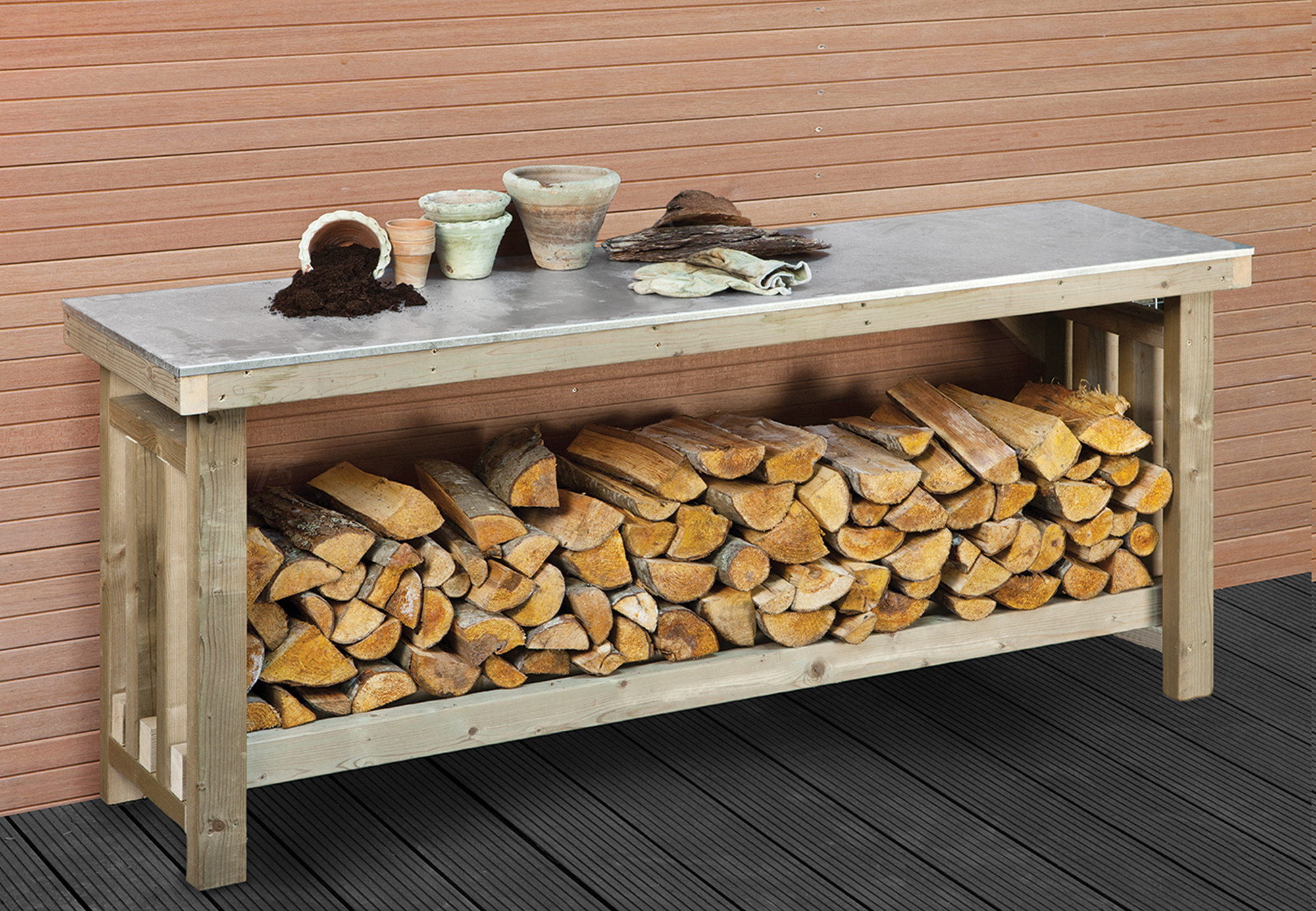 Hoofdafbeelding Werkbank XXL grenen groen geïmpregneerd met zinken blad