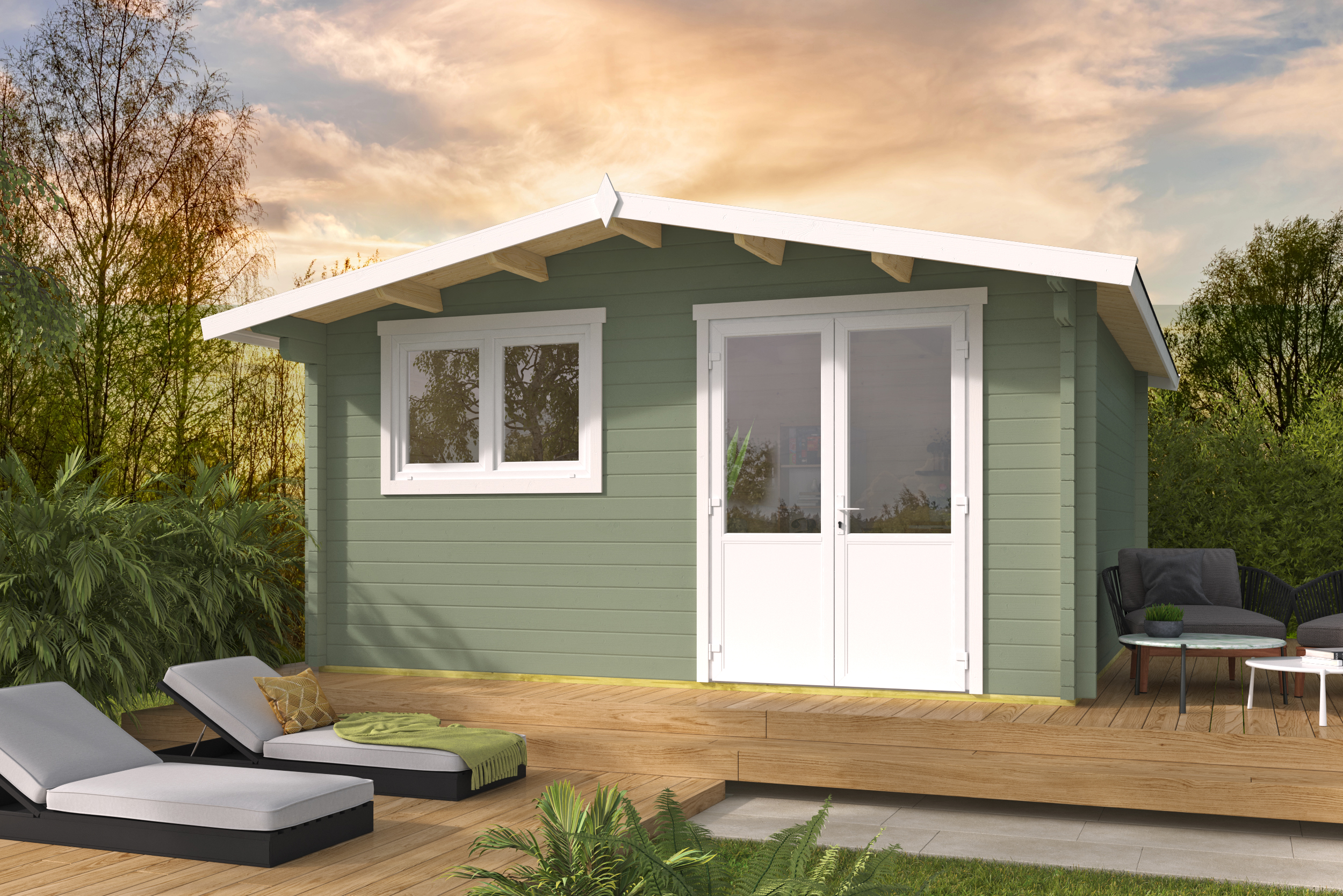 Blokhut - Tuinhuis Dingle | 70 mm | vuren honinggeel geïmpregneerd Blokhut - Tuinhuis Dingle | 70 mm | vuren honinggeel geïmpregneerd