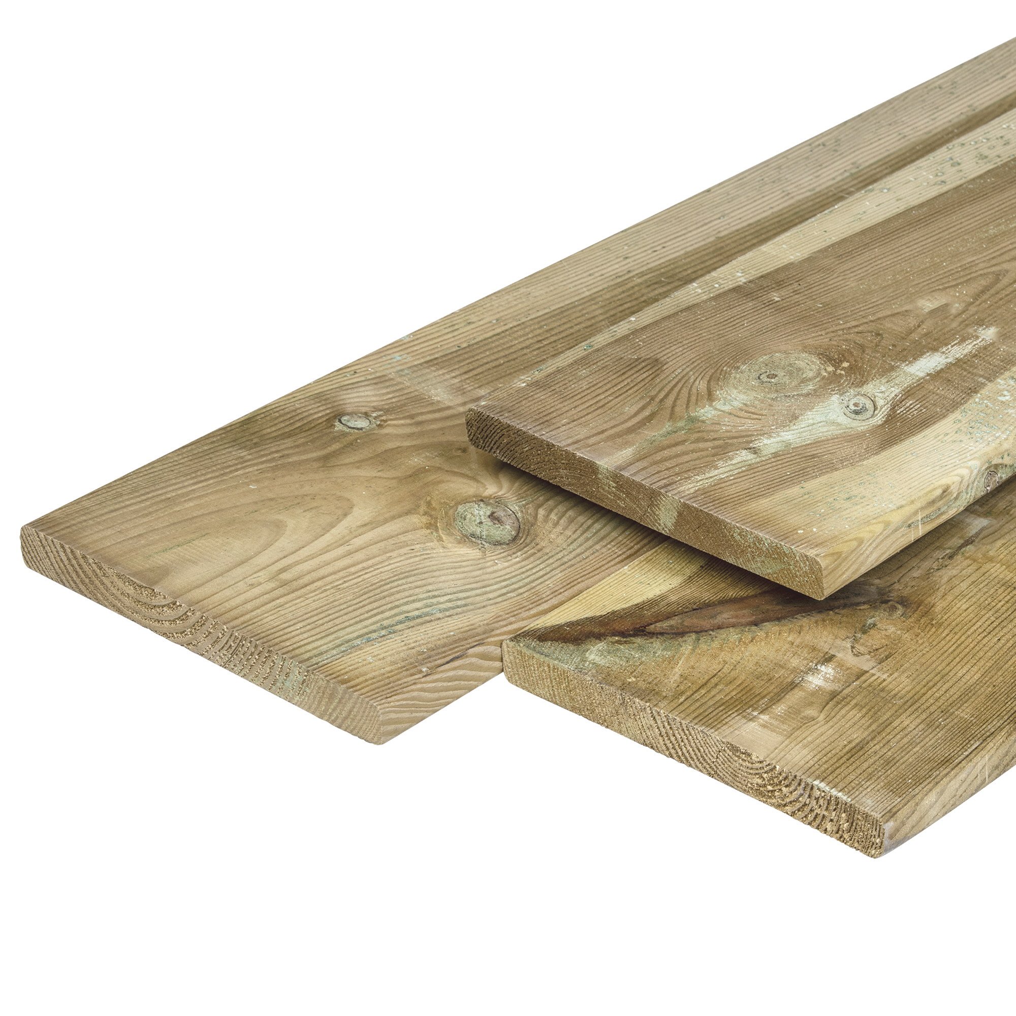 Grenen plank 2,0 x 20,0 x 400 cm, vers, groen geïmpregneerd, geschaafd, 4 ronde hoeken