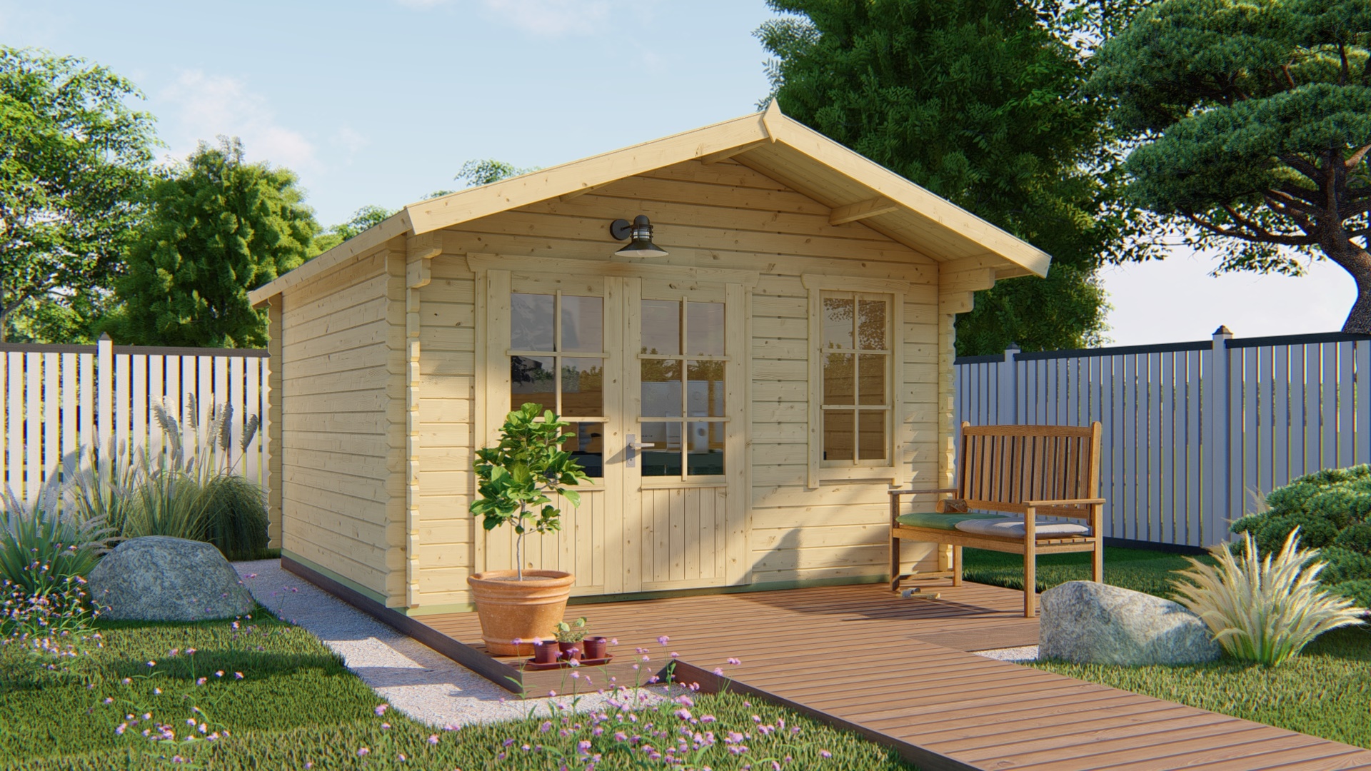 Blokhut - Tuinhuis Ulrik | 44 mm | vuren honinggeel geïmpregneerd Blokhut - Tuinhuis Ulrik | 44 mm | vuren honinggeel geïmpregneerd