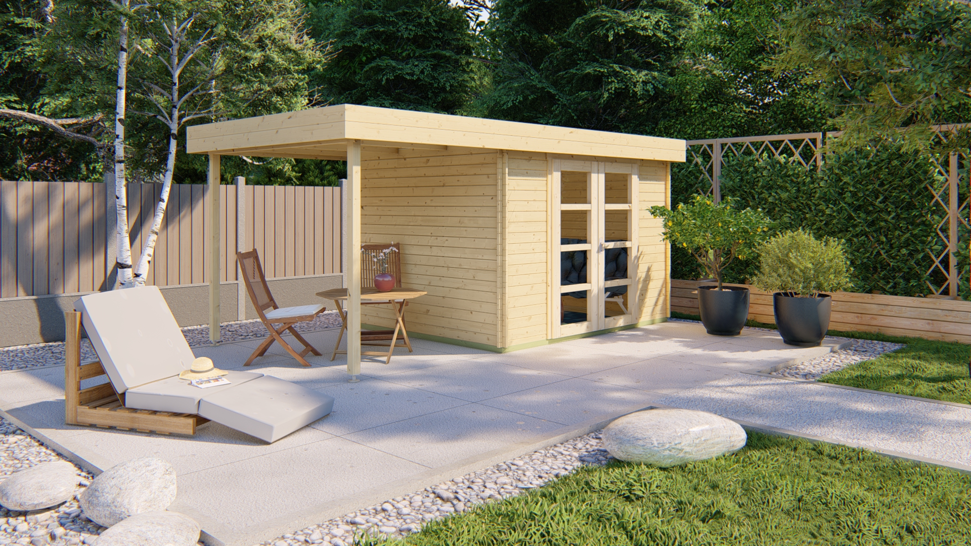 Blokhut - Tuinhuis Extramodern | 28 mm | vuren honinggeel geïmpregneerd Blokhut - Tuinhuis Extramodern | 28 mm | vuren honinggeel geïmpregneerd