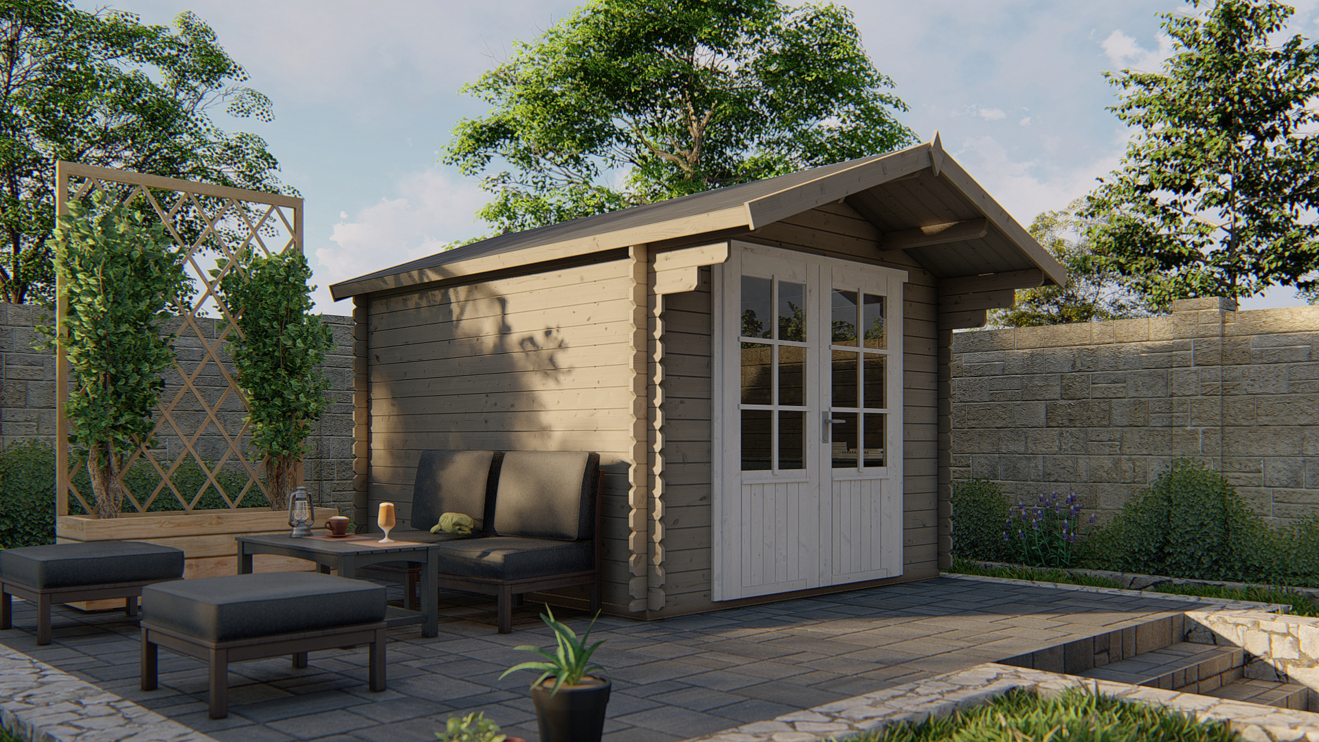 Blokhut - Tuinhuis Perlund | 28 mm | vuren onbehandeld Blokhut - Tuinhuis Perlund | 28 mm | vuren onbehandeld