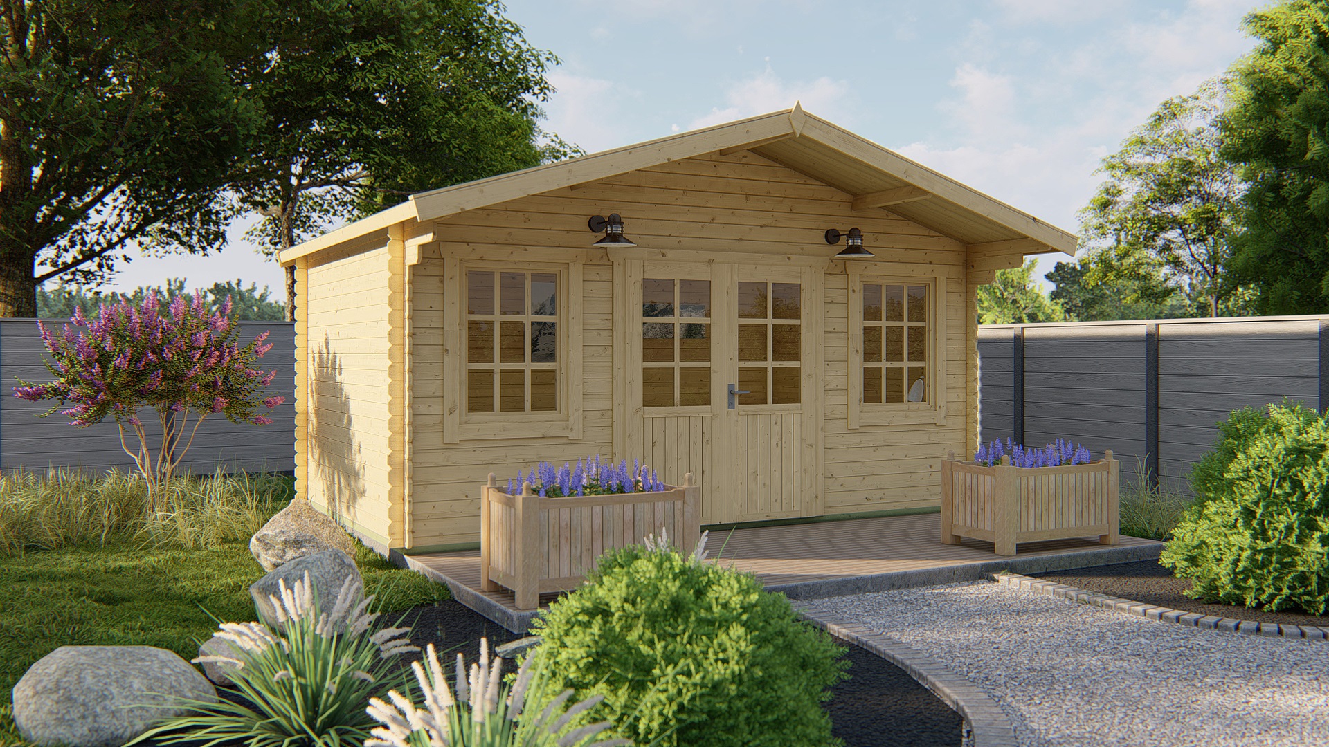 Blokhut - Tuinhuis Skyler | 28 mm | vuren honinggeel geïmpregneerd Blokhut - Tuinhuis Skyler | 28 mm | vuren honinggeel geïmpregneerd