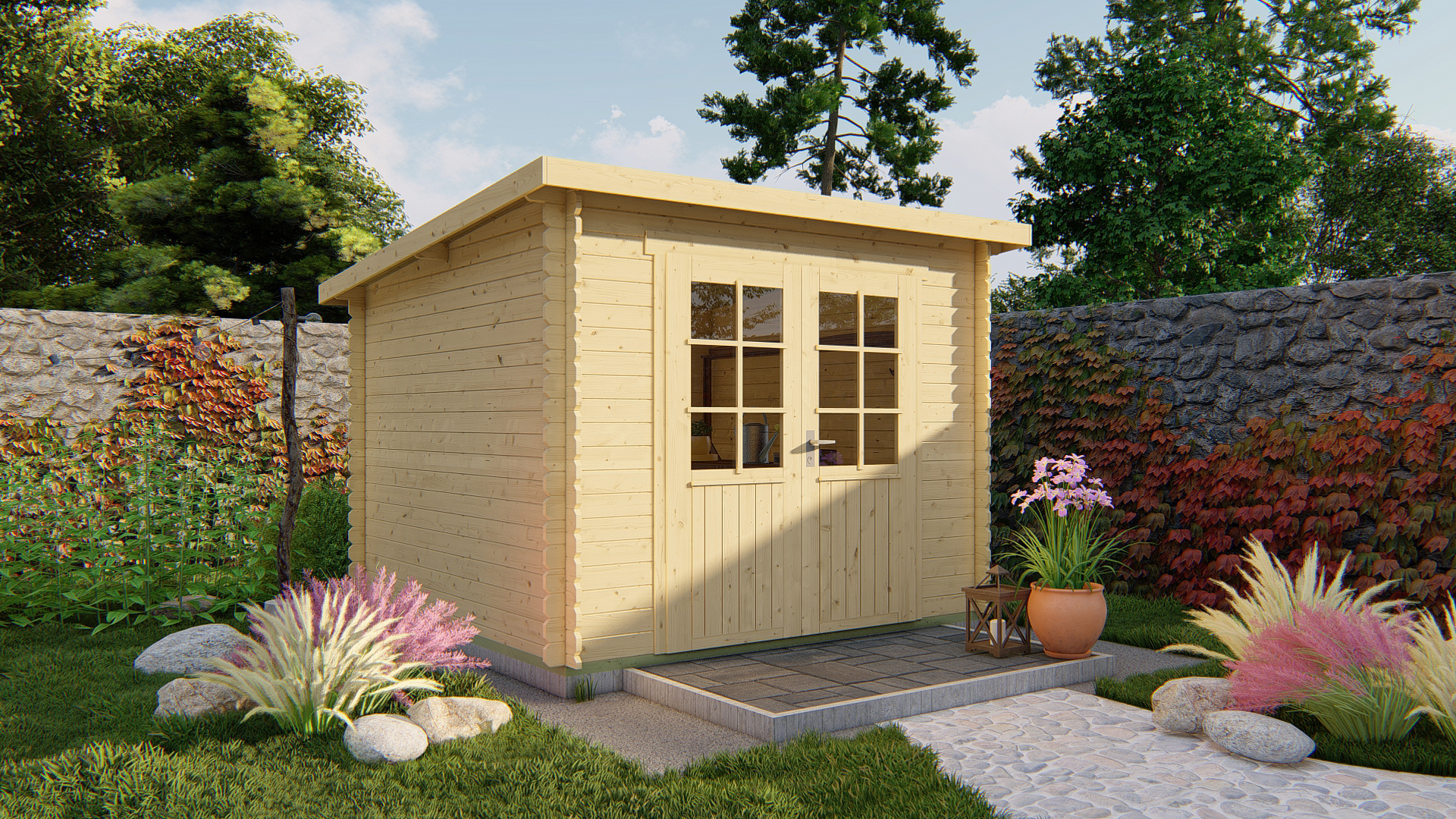 Blokhut - Tuinhuis Jörgen | 28 mm | vuren grijs geïmpregneerd Blokhut - Tuinhuis Jörgen | 28 mm | vuren grijs geïmpregneerd