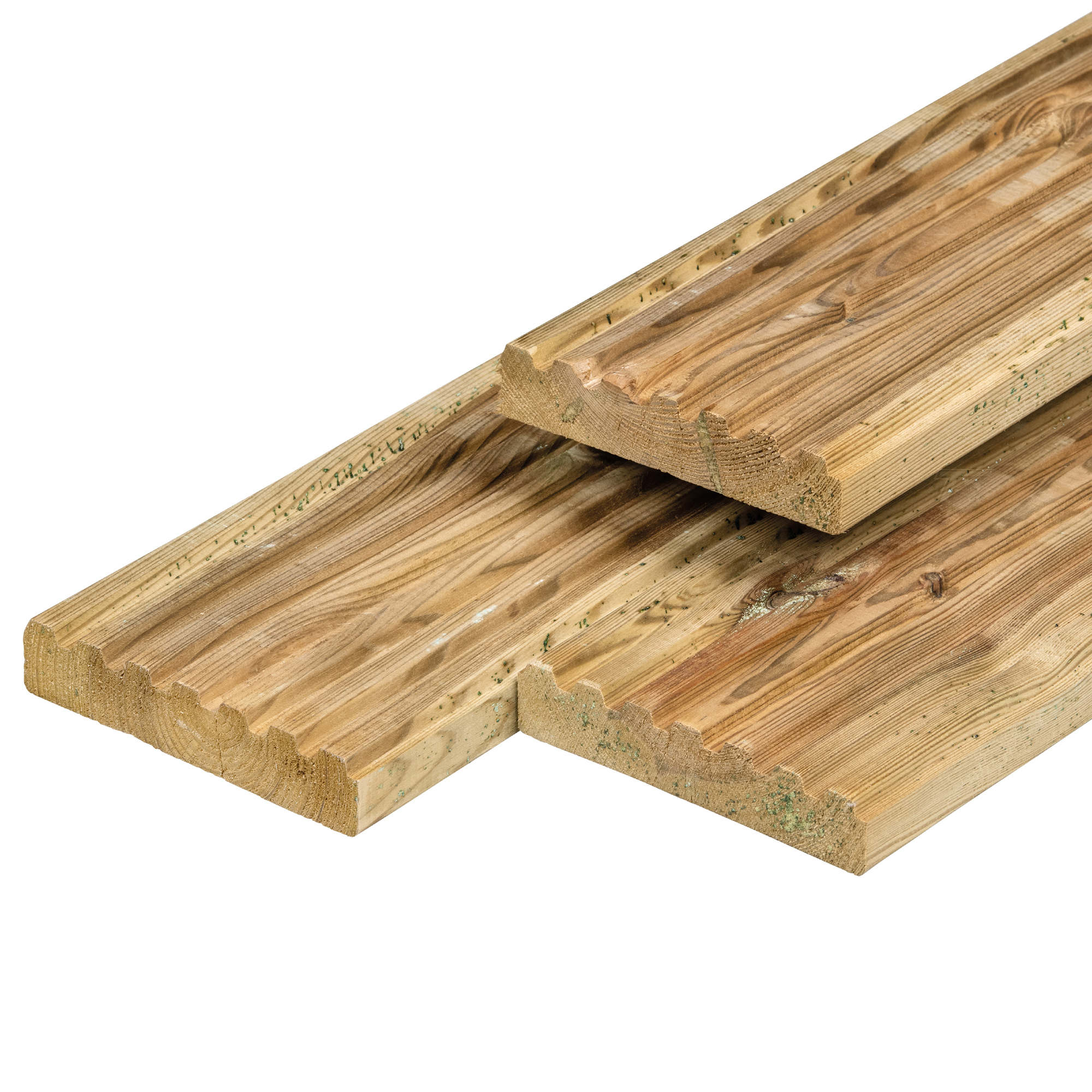 Grenen vlonderplank 2,8 x 14,0 x 300 cm, vers, groen geïmpregneerd, geschaafd, 1 zijde 8 groeven Grenen vlonderplank 2,8 x 14,0 x 300 cm, vers, groen geïmpregneerd, geschaafd, 1 zijde 8 groeven