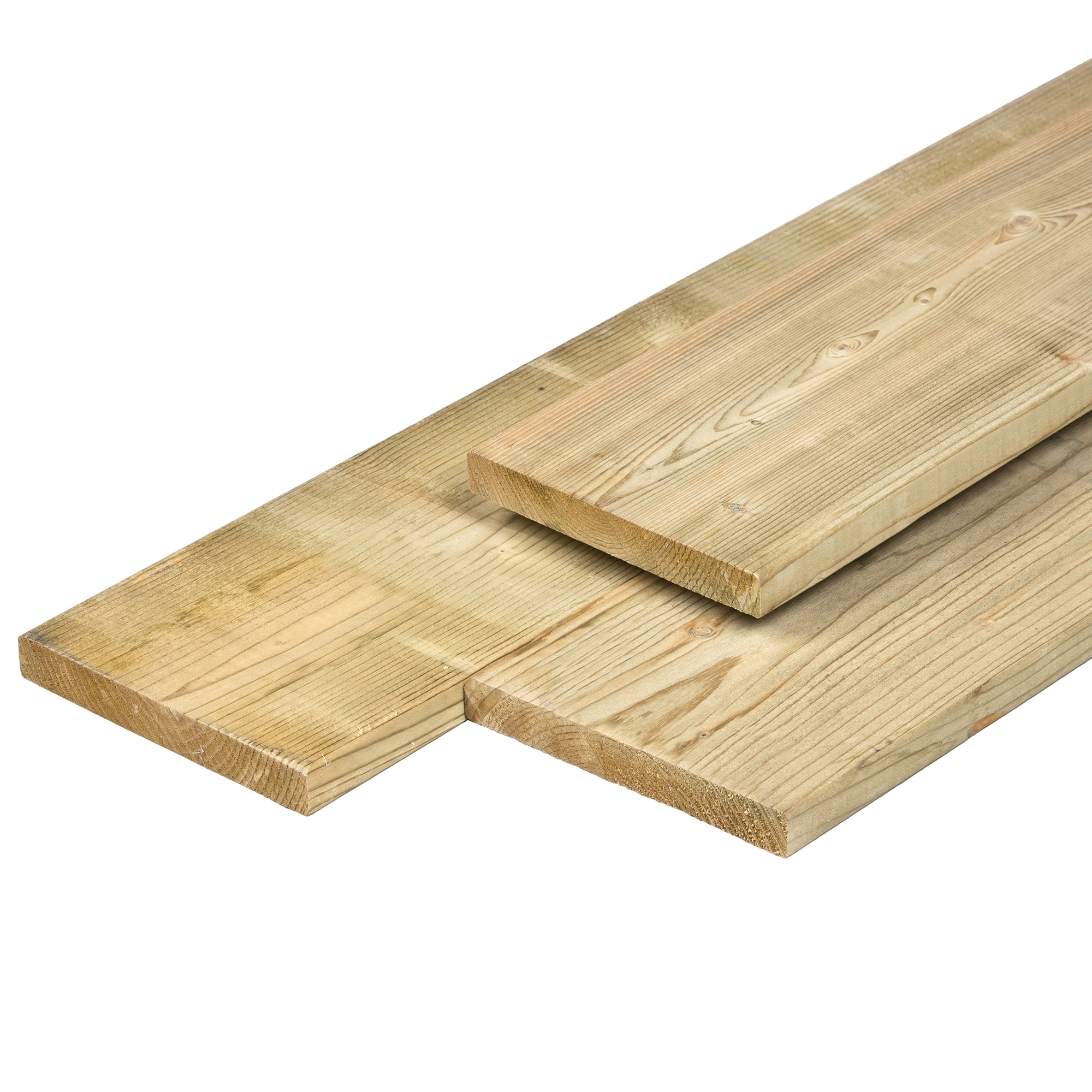 NE vuren plank 1,9 x 14,5 x 300 cm, vers, groen geïmpregneerd, geschaafd, 4 ronde hoeken