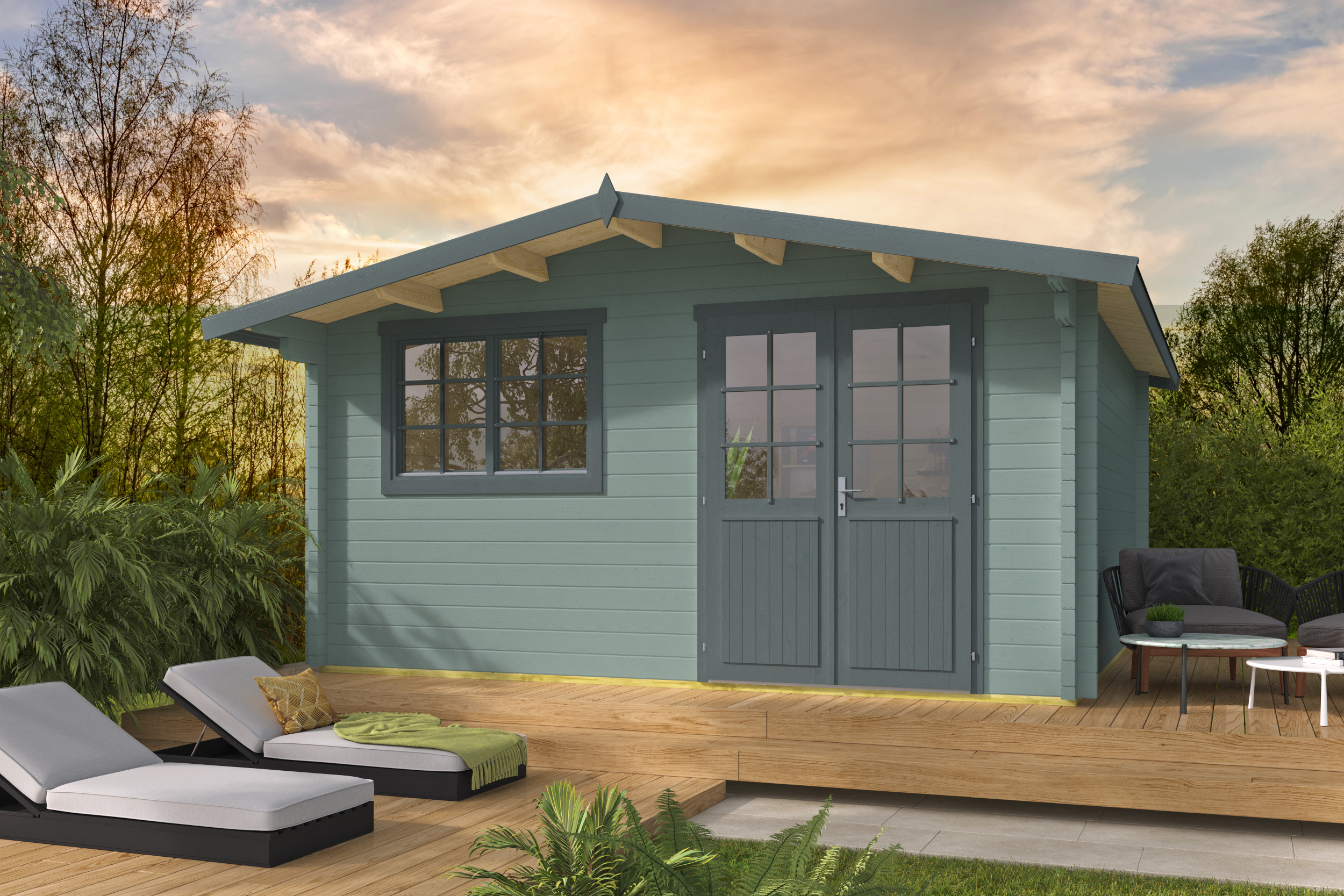 Blokhut - Tuinhuis Dingle | 70 mm | vuren honinggeel geïmpregneerd Blokhut - Tuinhuis Dingle | 70 mm | vuren honinggeel geïmpregneerd