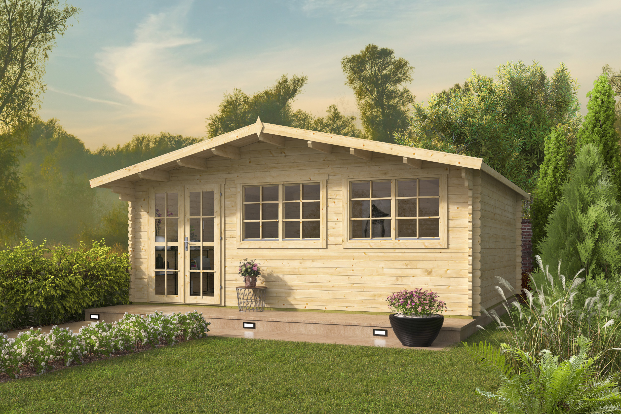 Blokhut - Tuinhuis Tova | 44 mm | vuren honinggeel geïmpregneerd Blokhut - Tuinhuis Tova | 44 mm | vuren honinggeel geïmpregneerd