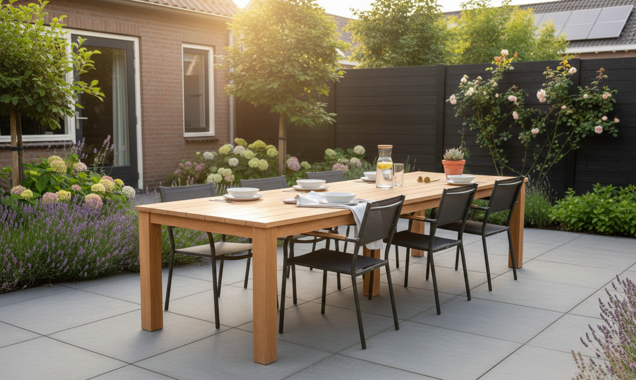 Rustic garden table, teak 300cm (with extra center leg)