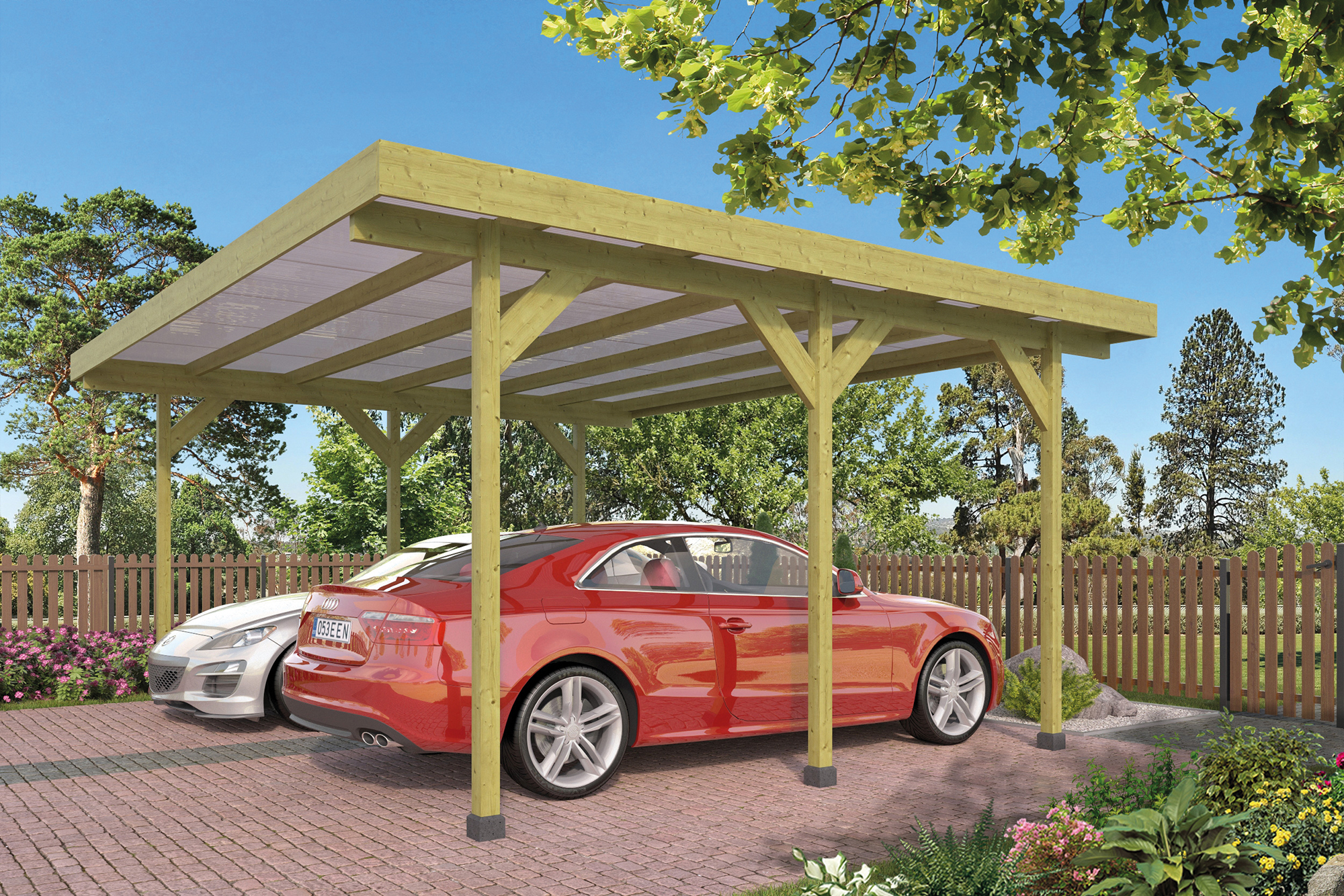 Carport Dubbel met PVC dakplaten grenen groen geïmpregneerd L500 x B600 cm