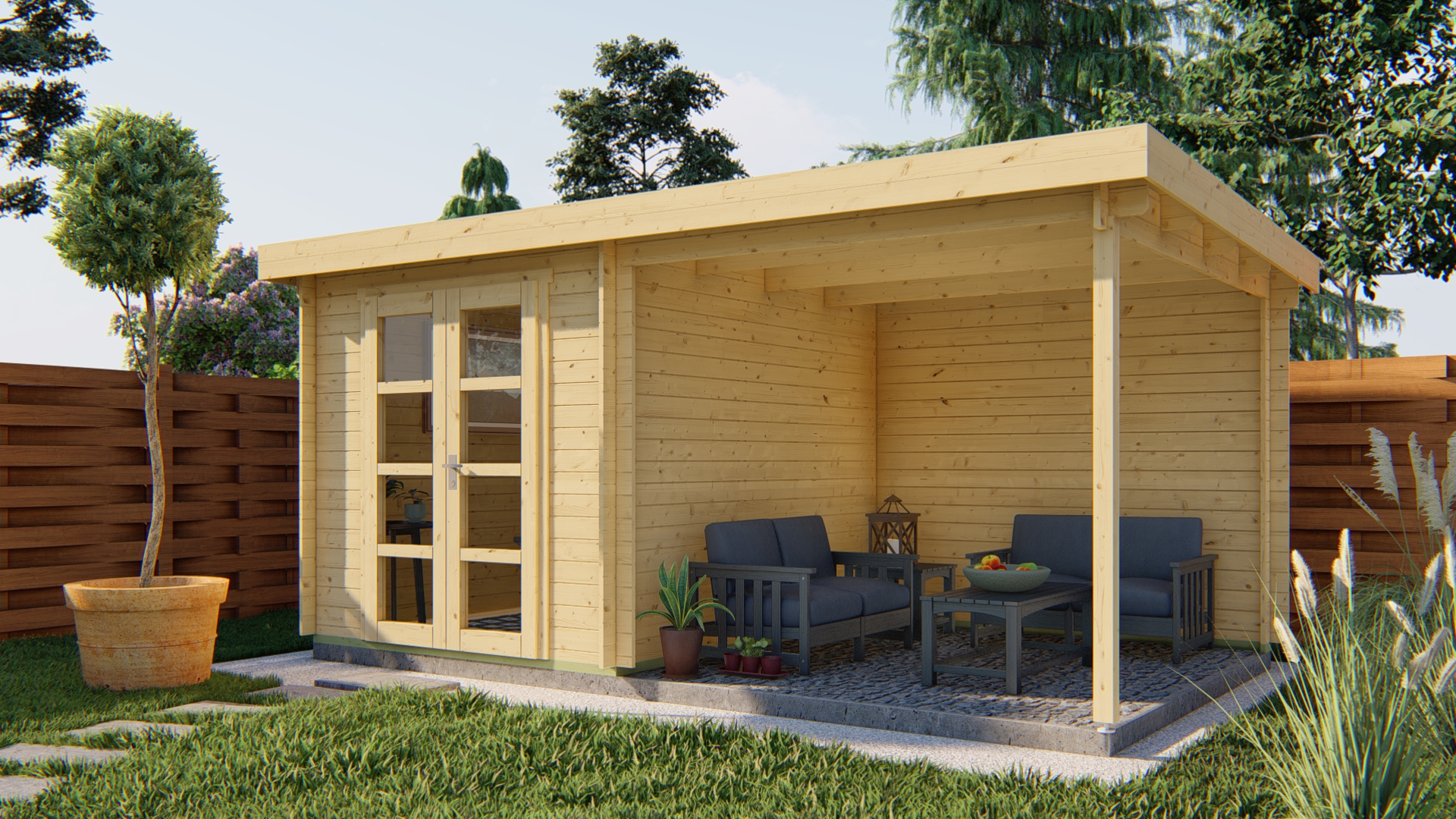 Blokhut - Tuinhuis Eirunn | 28 mm | bruin geïmpregneerd Blokhut - Tuinhuis Eirunn | 28 mm | bruin geïmpregneerd