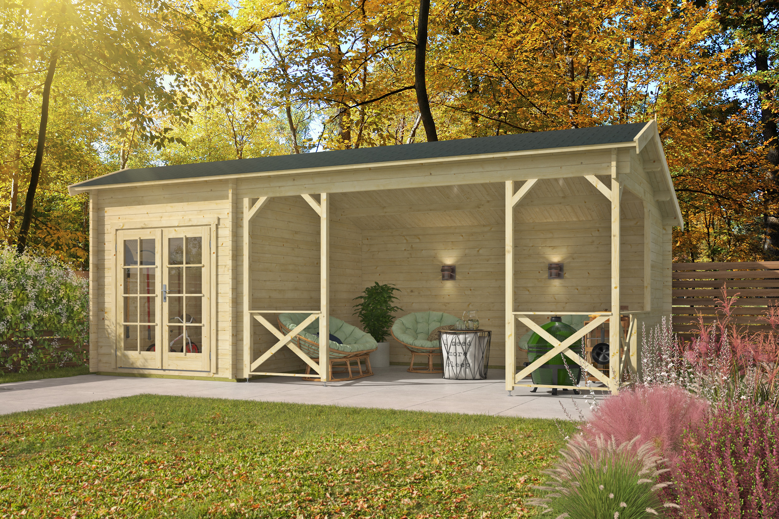 Blokhut - Tuinhuis Kukka | 40 mm | vuren honinggeel geïmpregneerd Blokhut - Tuinhuis Kukka | 40 mm | vuren honinggeel geïmpregneerd