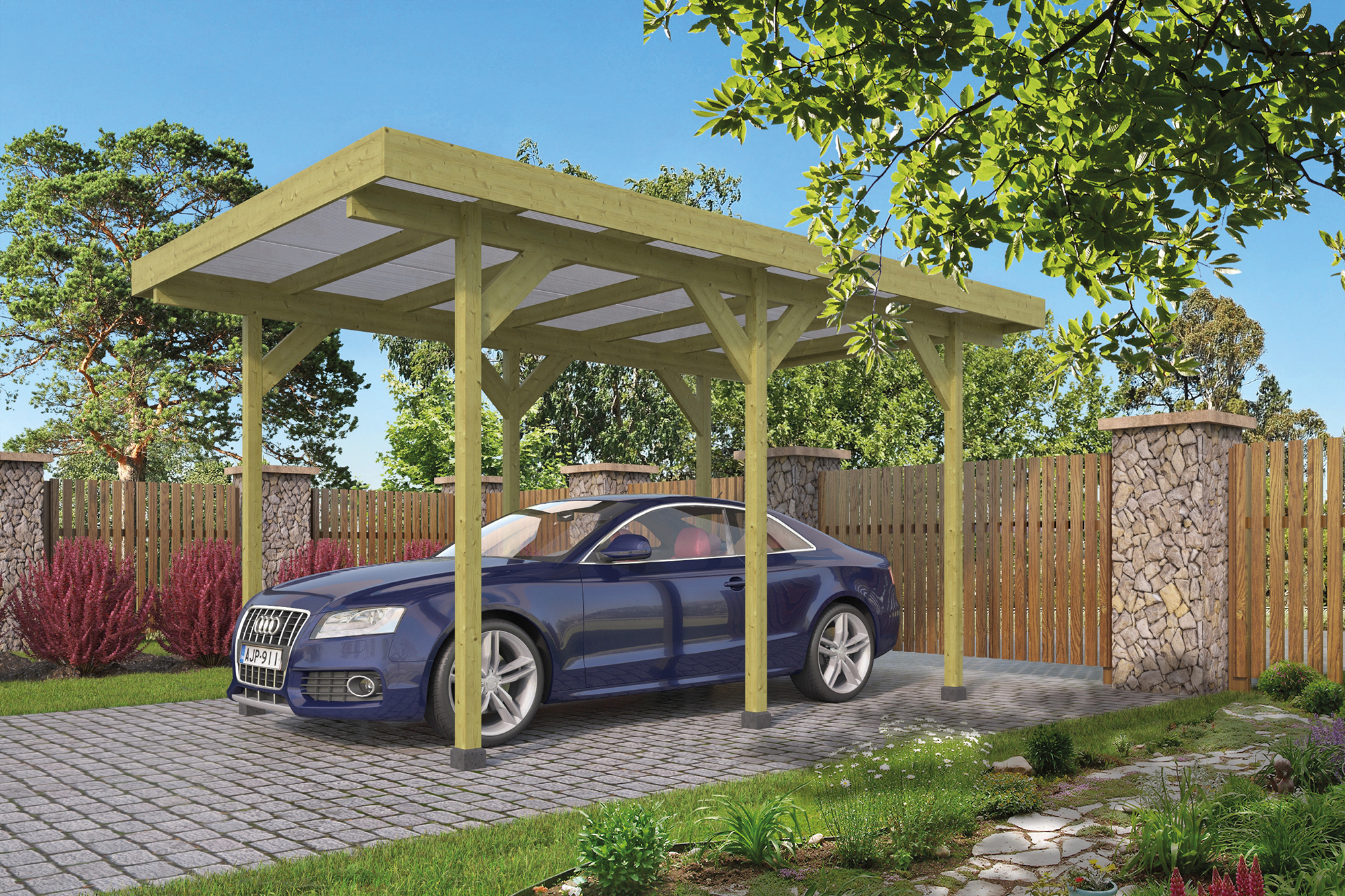 Carport Enkel/Aanbouw met PVC dakplaten grenen groen geïmpregneerd L500 x B300 cm