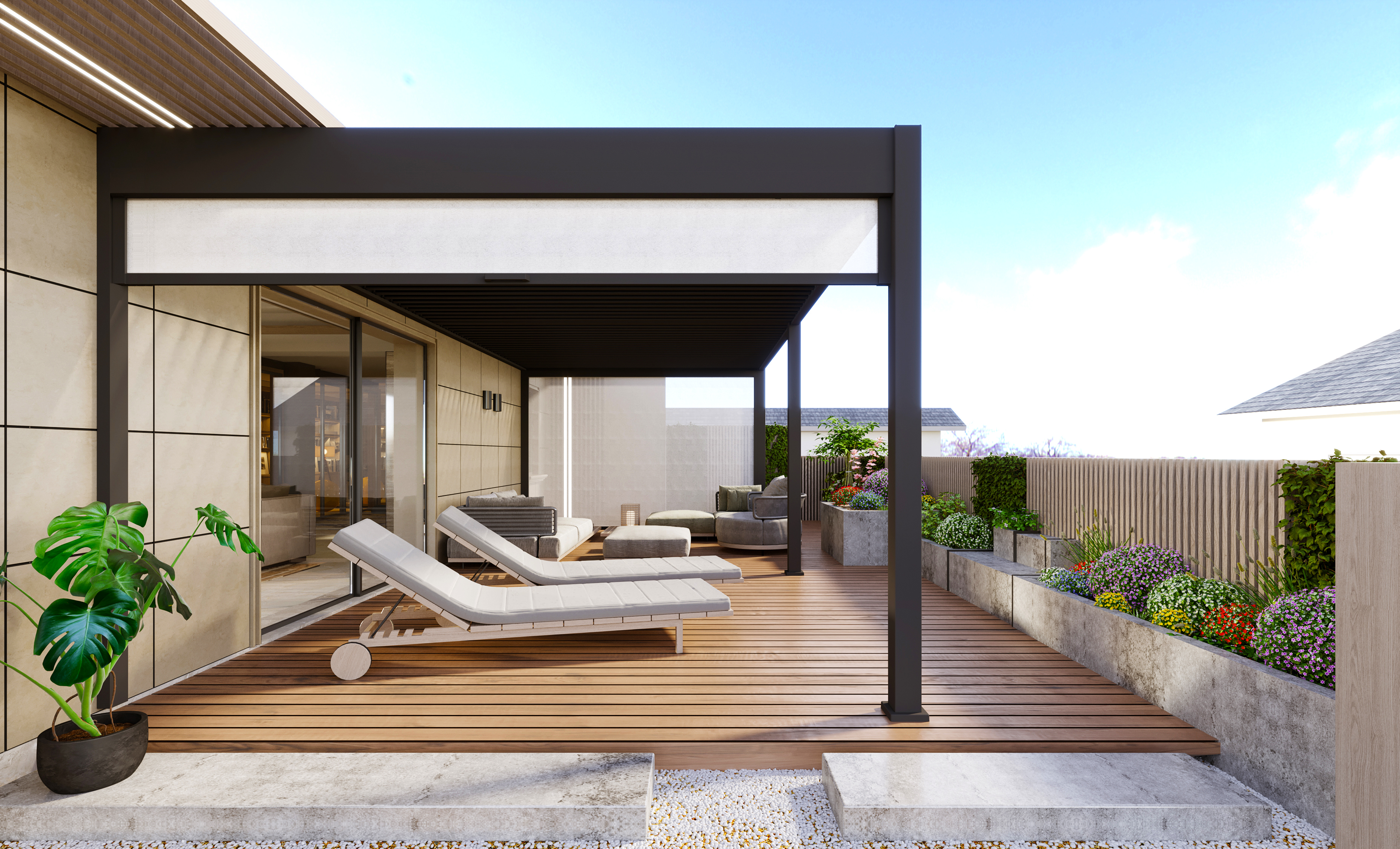 Sfeerfoto Aluminium overkapping Windscherm 300 cm wit