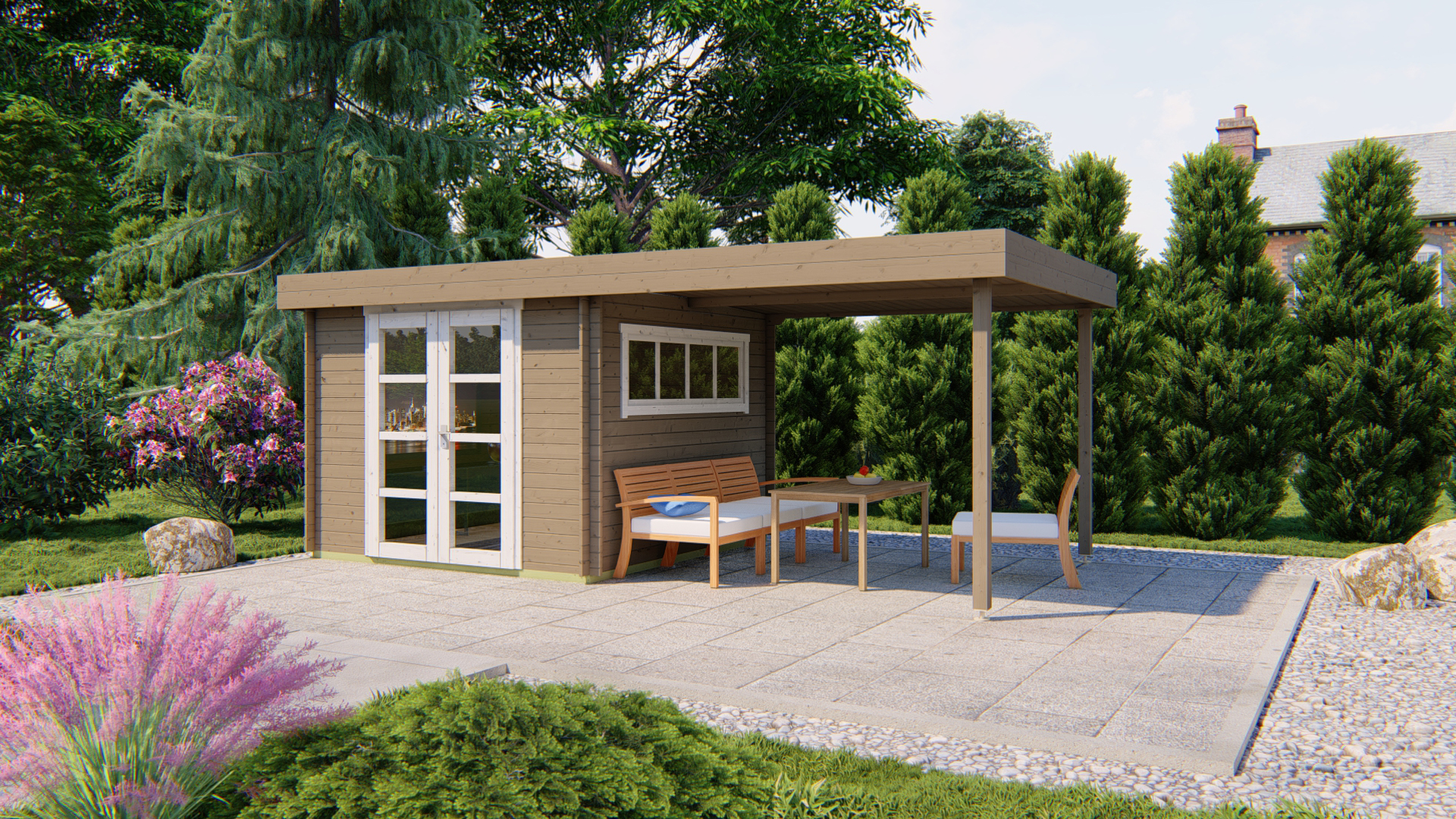 Blokhut - Tuinhuis Dellinger | 28 mm | vuren grijs geïmpregneerd