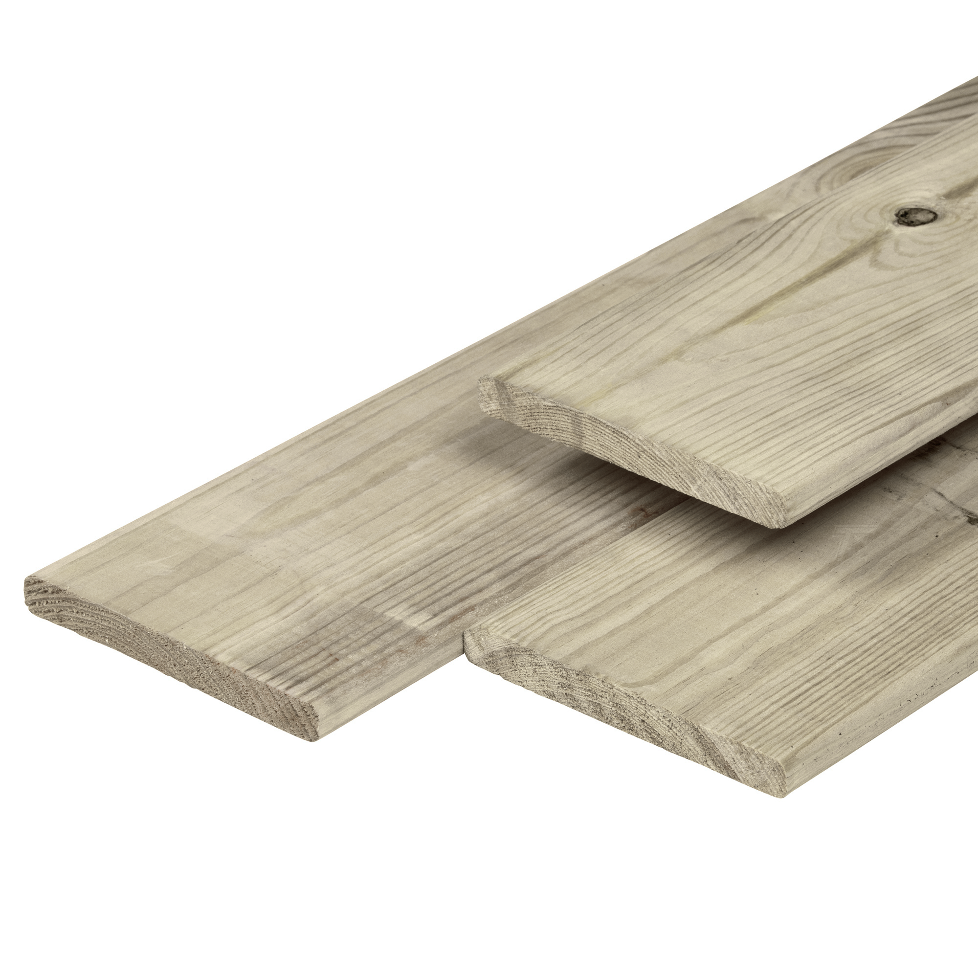 Douglas plank 1,6 x 14,0 x 400 cm, gedroogd, zilvergrijs geïmpregneerd, geschaafd, 4 ronde hoeken