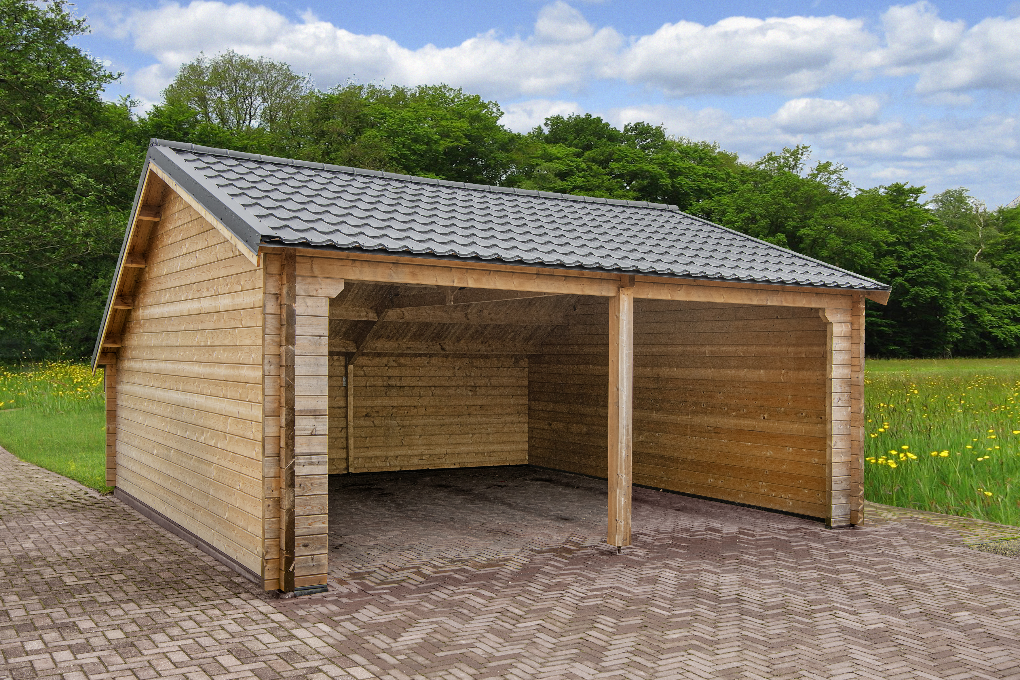 Garage-kapschuur Nysse | 70 mm | vuren bruin geïmpregneerd Garage-kapschuur Nysse | 70 mm | vuren bruin geïmpregneerd