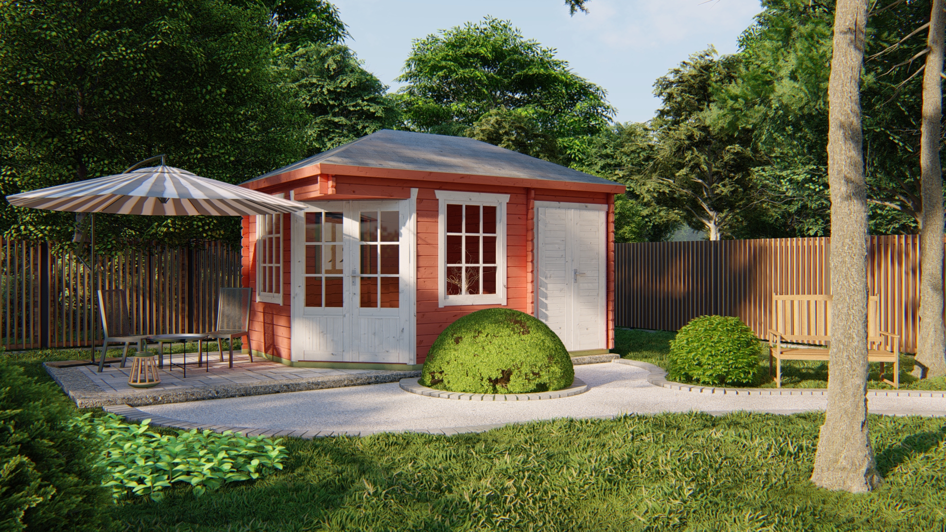 Blokhut - Tuinhuis Agnes | 44 mm | vuren honinggeel geïmpregneerd Blokhut - Tuinhuis Agnes | 44 mm | vuren honinggeel geïmpregneerd