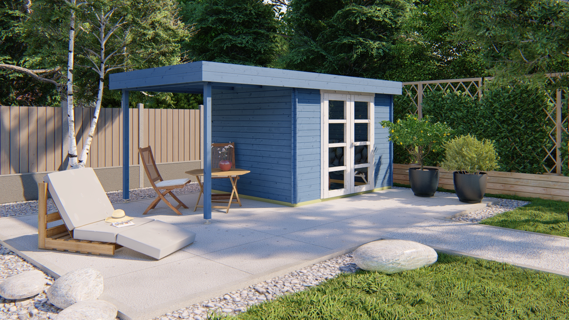 Blokhut - Tuinhuis Extramodern | 28 mm | vuren honinggeel geïmpregneerd Blokhut - Tuinhuis Extramodern | 28 mm | vuren honinggeel geïmpregneerd