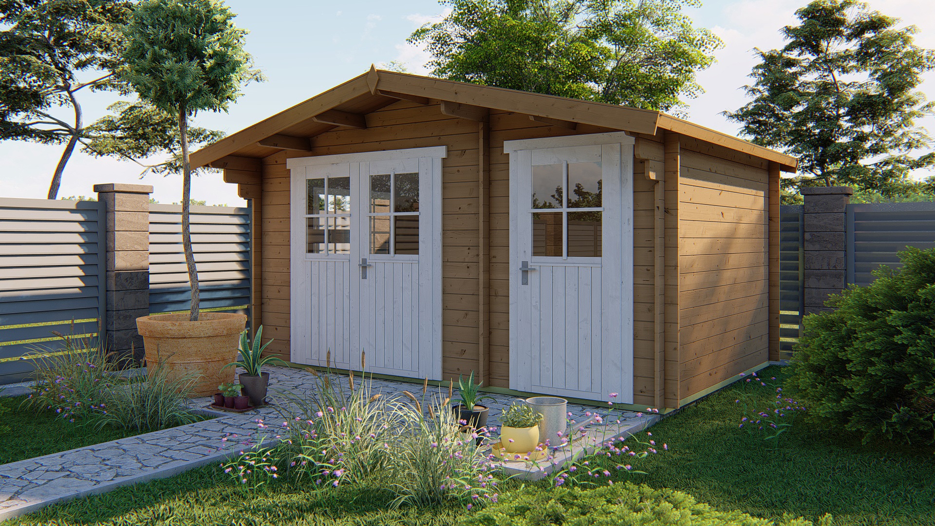 Blokhut - Tuinhuis Fraga | 34 mm | vuren bruin geïmpregneerd Blokhut - Tuinhuis Fraga | 34 mm | vuren bruin geïmpregneerd