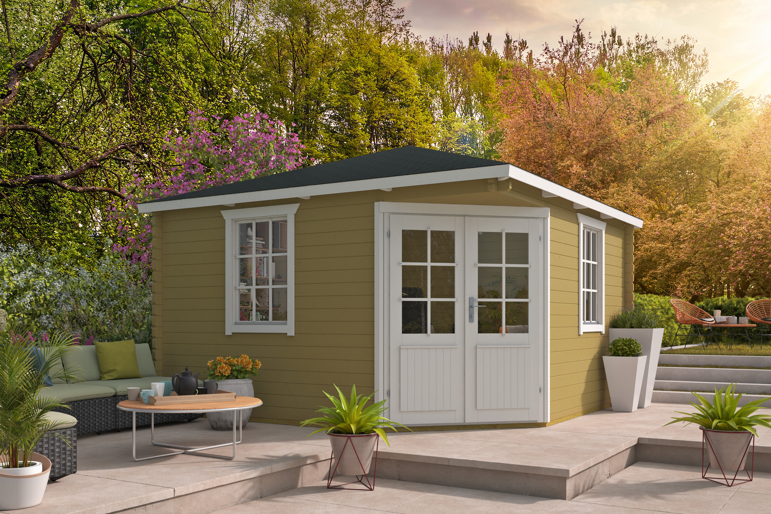 Blokhut - Tuinhuis Lotte | 44 mm | vuren honinggeel geïmpregneerd Blokhut - Tuinhuis Lotte | 44 mm | vuren honinggeel geïmpregneerd