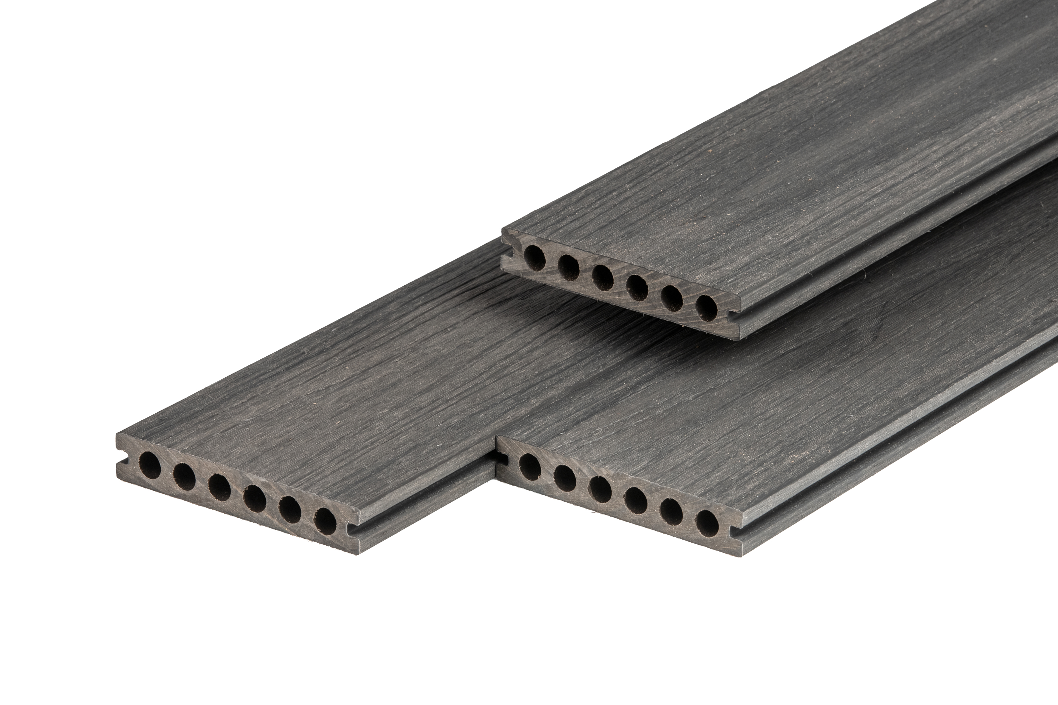 PuraShield composite decking board 2,3 x 13,8 x 400 cm, dark grey, hollow-core, fine-grained, clip system