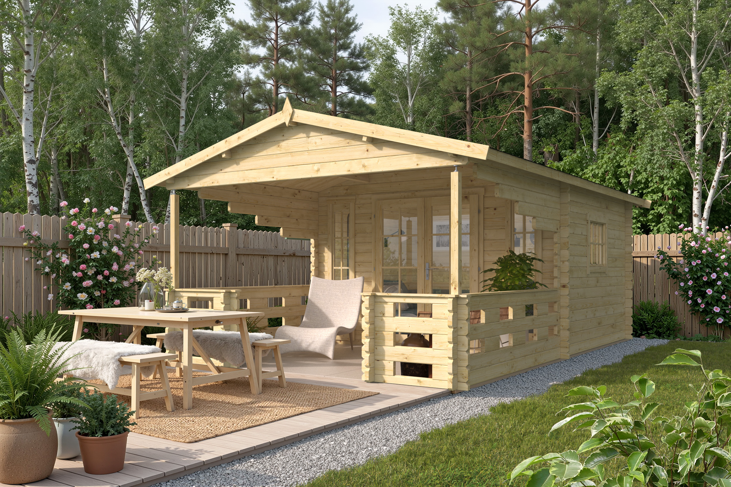 Blokhut - Tuinhuis Sanstrov | 44 mm | vuren honinggeel geïmpregneerd