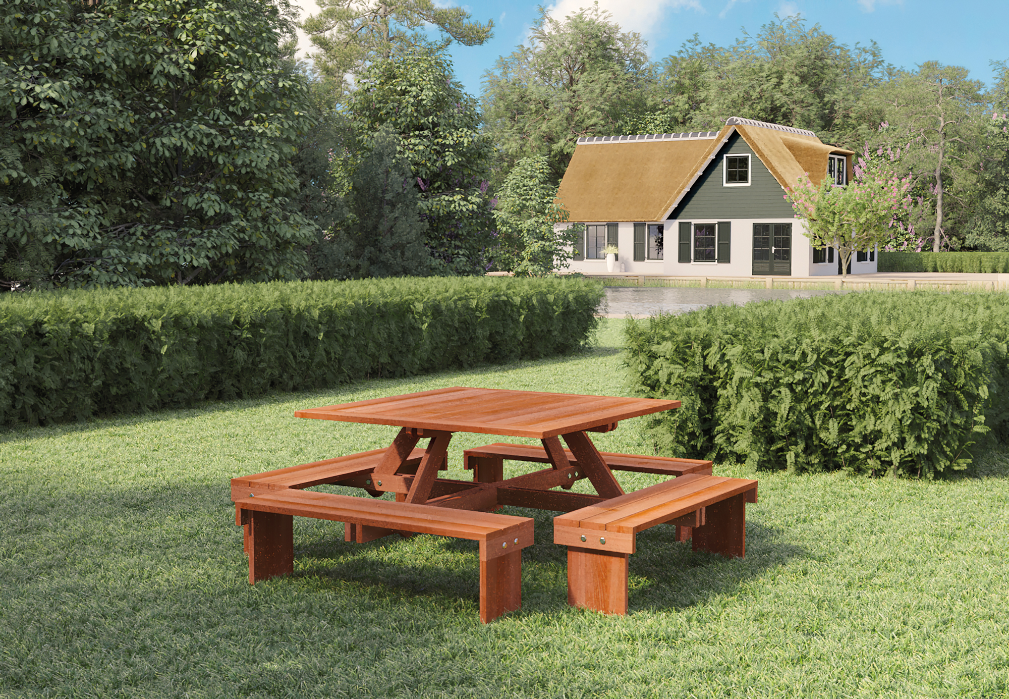 Sfeerfoto Hardhouten picknicktafel vierkant Premium