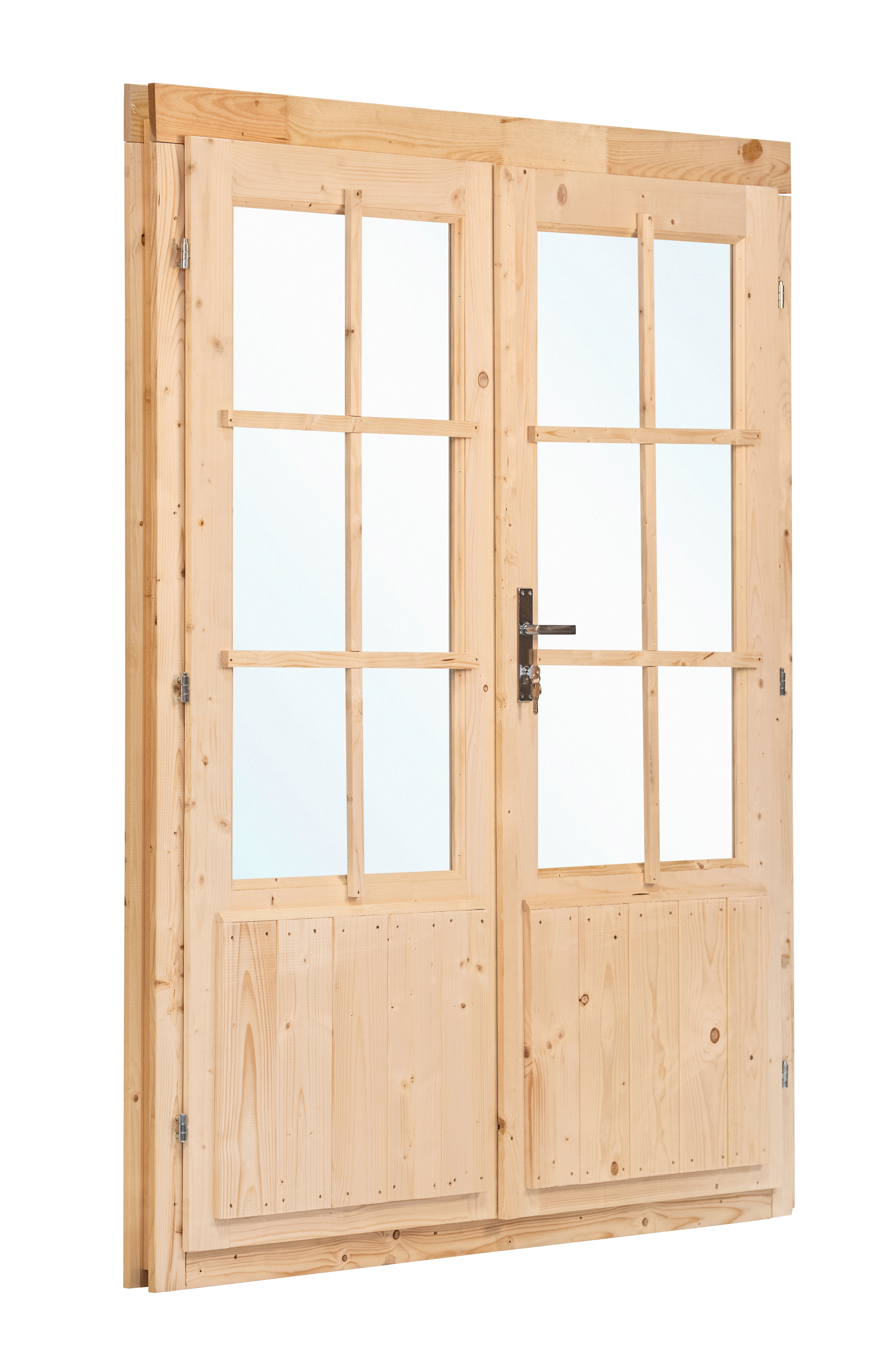 Dubbele deur+kozijn, vuren, enkel glas D3