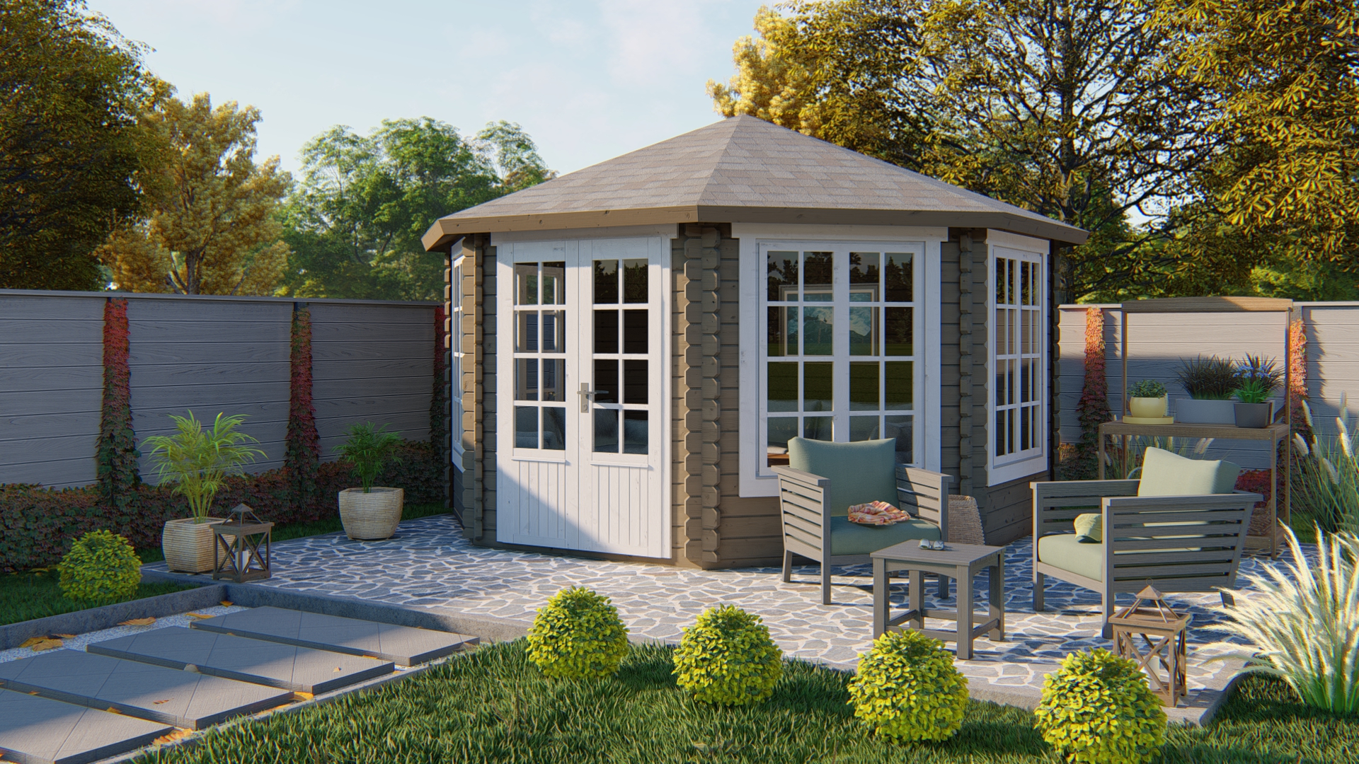 Blokhut - Tuinhuis Lynn | 44 mm | vuren bruin geïmpregneerd Blokhut - Tuinhuis Lynn | 44 mm | vuren bruin geïmpregneerd