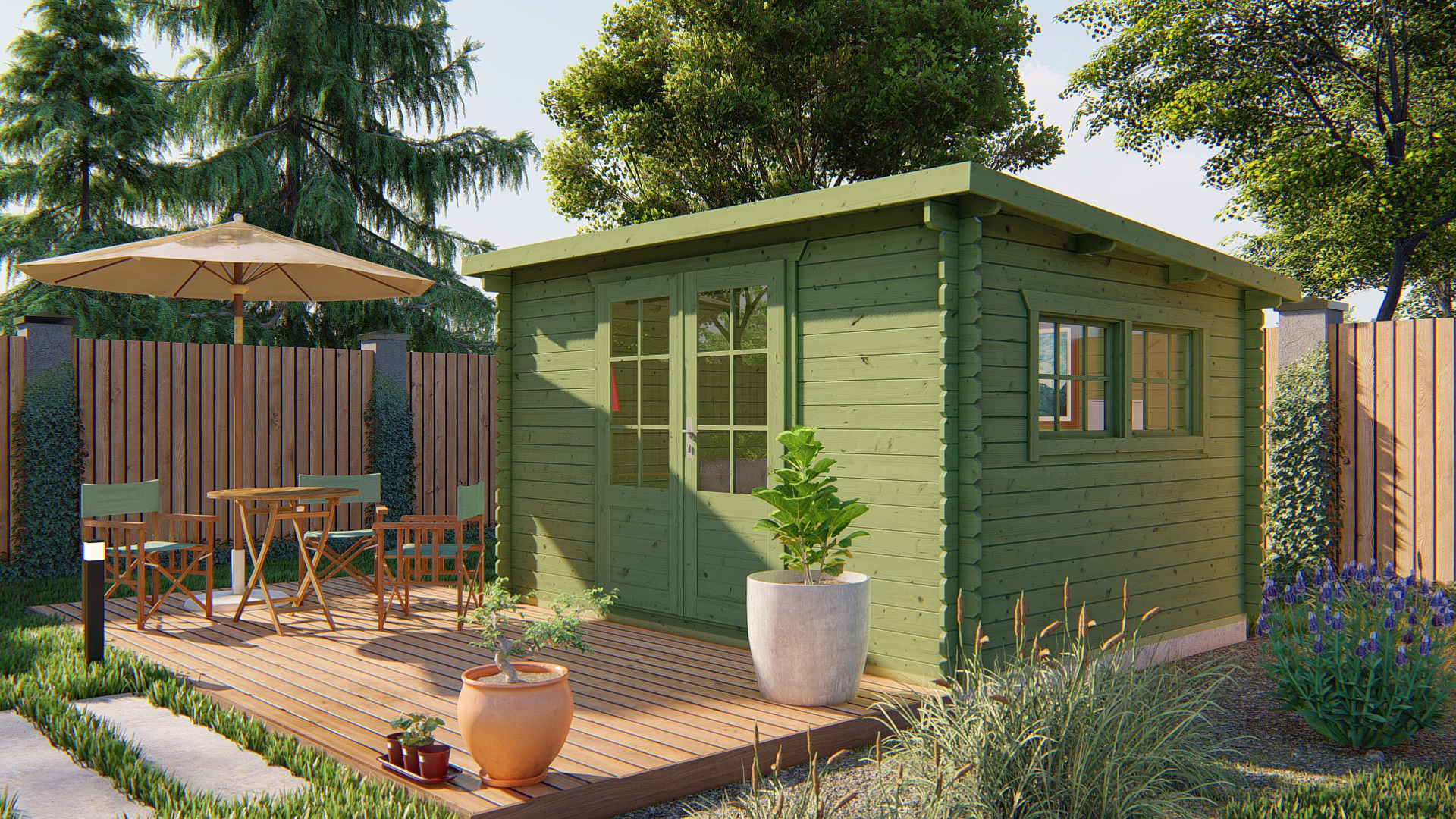 Blokhut - Tuinhuis Loya | 28 mm | vuren groen geïmpregneerd Blokhut - Tuinhuis Loya | 28 mm | vuren groen geïmpregneerd