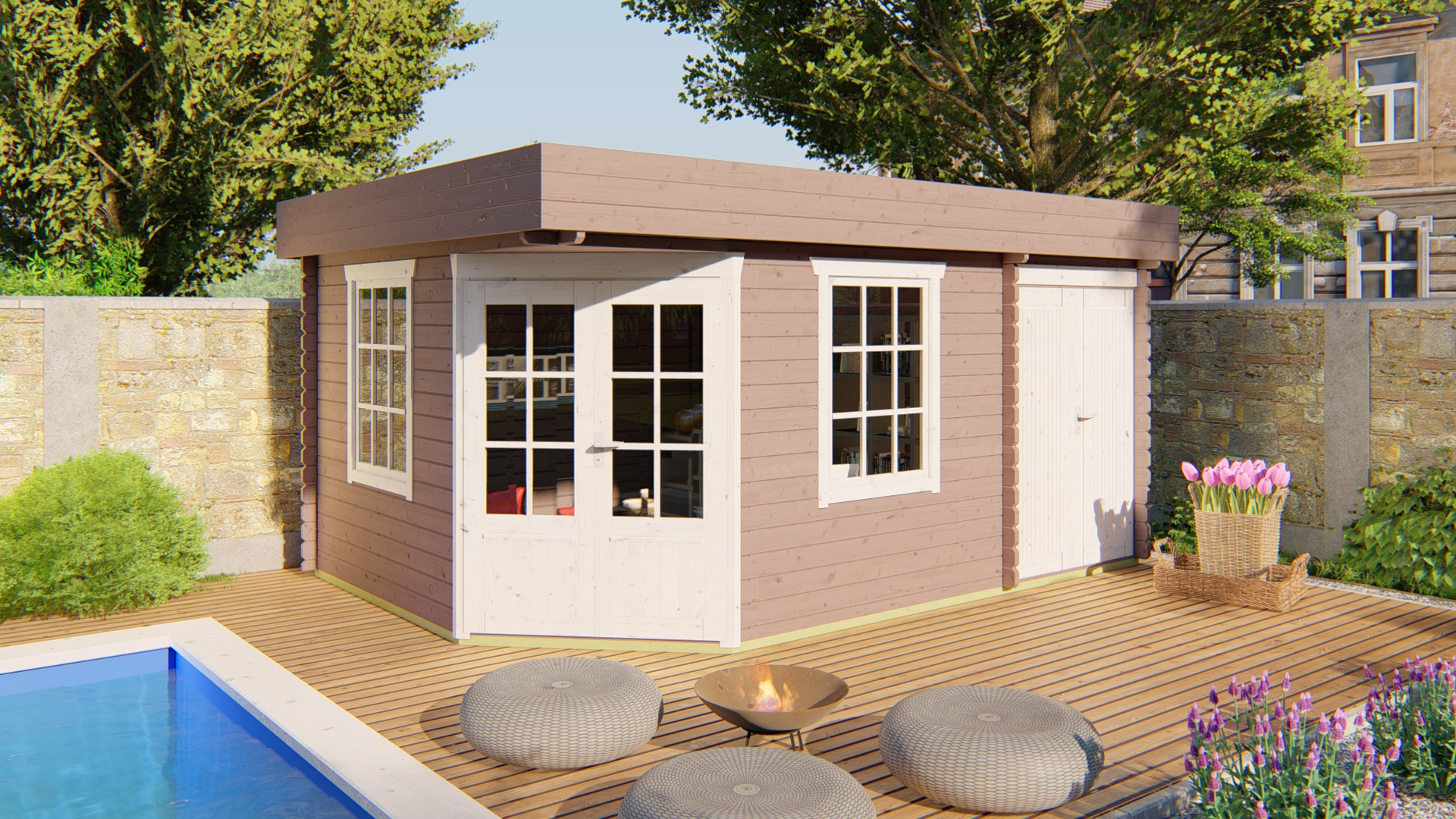 Blokhut - Tuinhuis Helge | 44 mm | vuren grijs geïmpregneerd