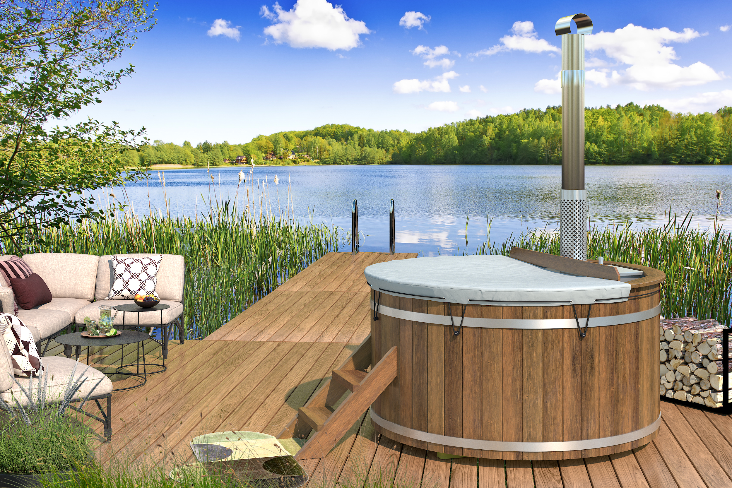 Hottub mit eingebautem Holzofen aus Edelstahl Ø180 cm Thermowood