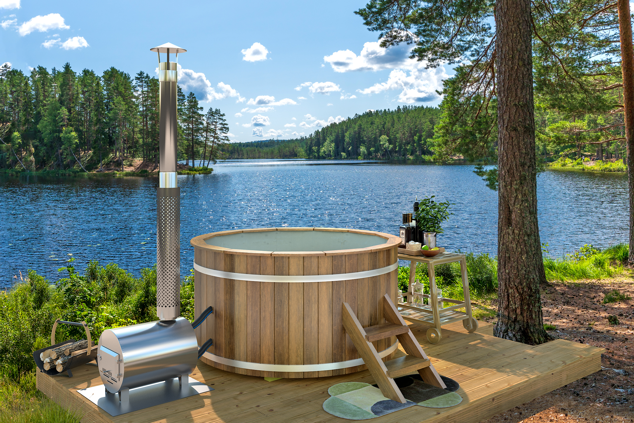 Hottub mit Außen-Holzofen aus Edelstahl Ø180 cm Thermowood