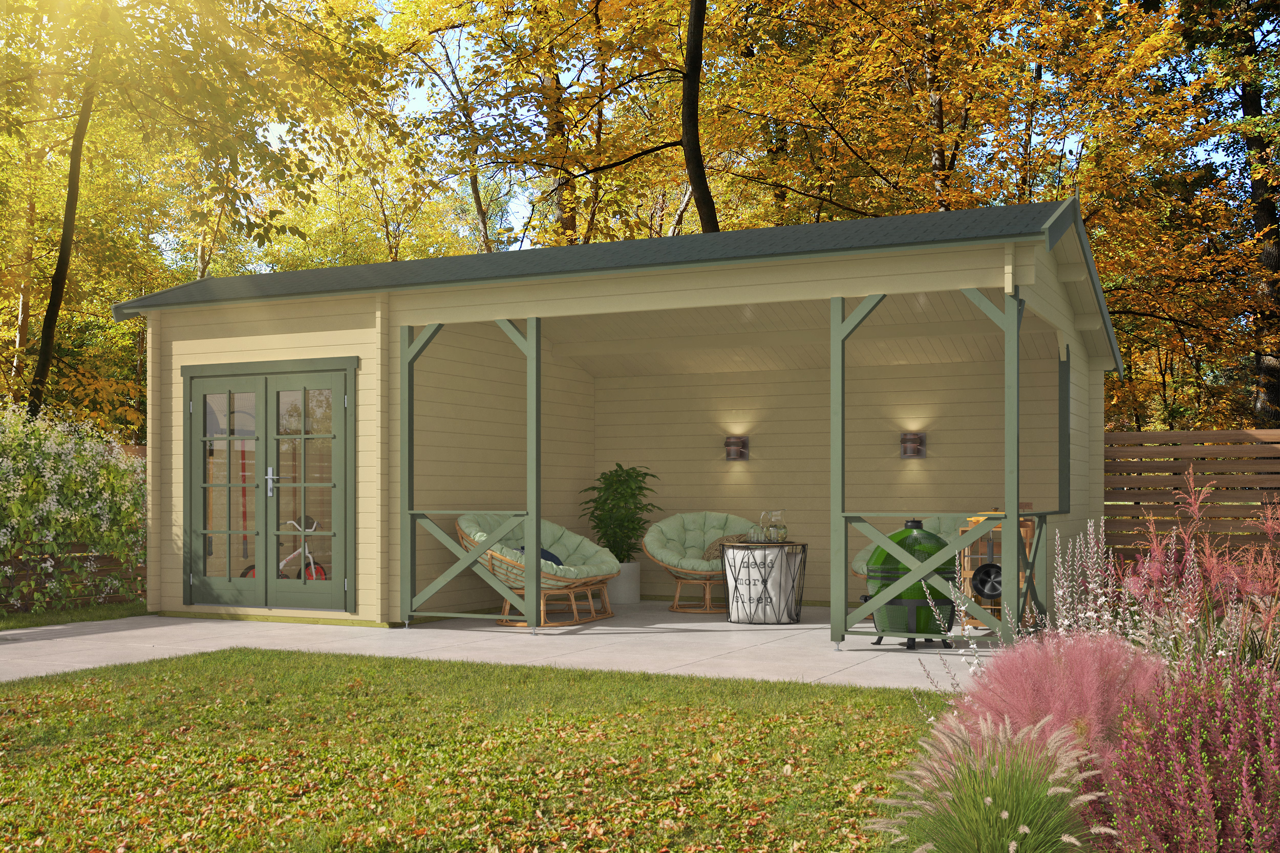 Blokhut - Tuinhuis Kukka | 40 mm | vuren honinggeel geïmpregneerd Blokhut - Tuinhuis Kukka | 40 mm | vuren honinggeel geïmpregneerd