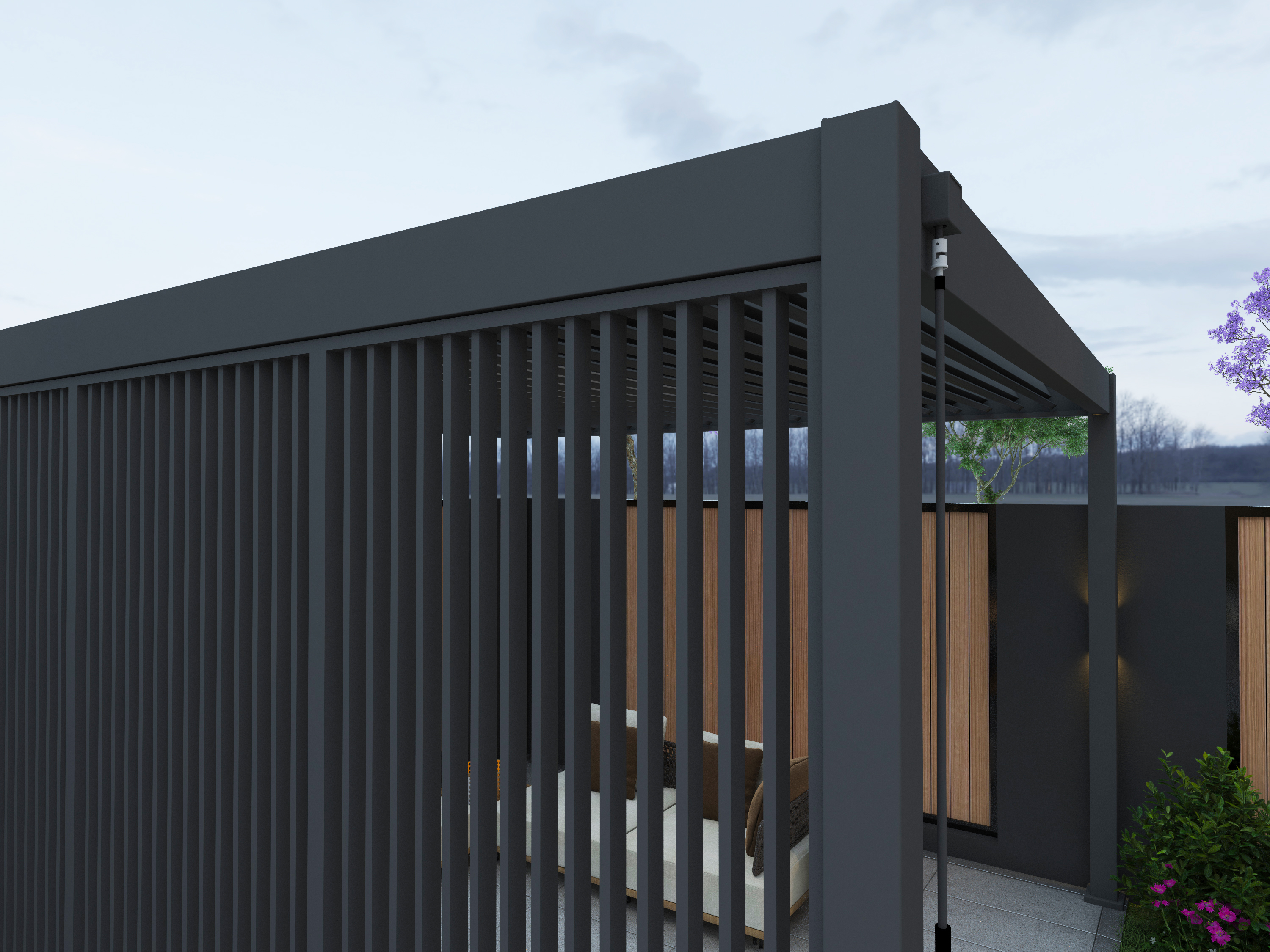 Sfeerfoto Aluminium overkapping Louvrepaneel 113,3 cm verticaal antraciet