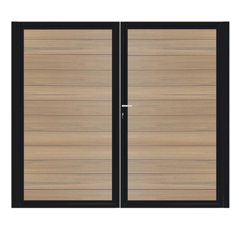 Dubbele stalen poort, zwart gepoedercoat, fijnstructuur, incl. hang- en sluitwerk (t.b.v. profielen 21mm dik)