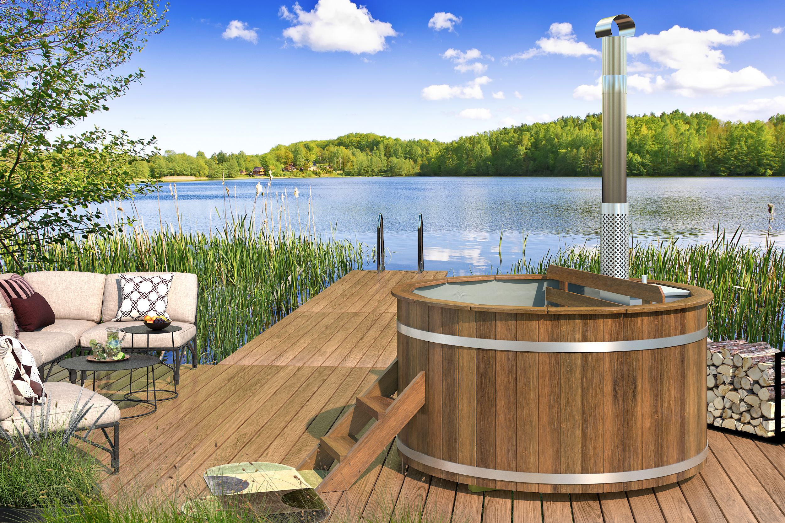 Hottub mit eingebautem Holzofen aus Edelstahl Ø180 cm Thermowood