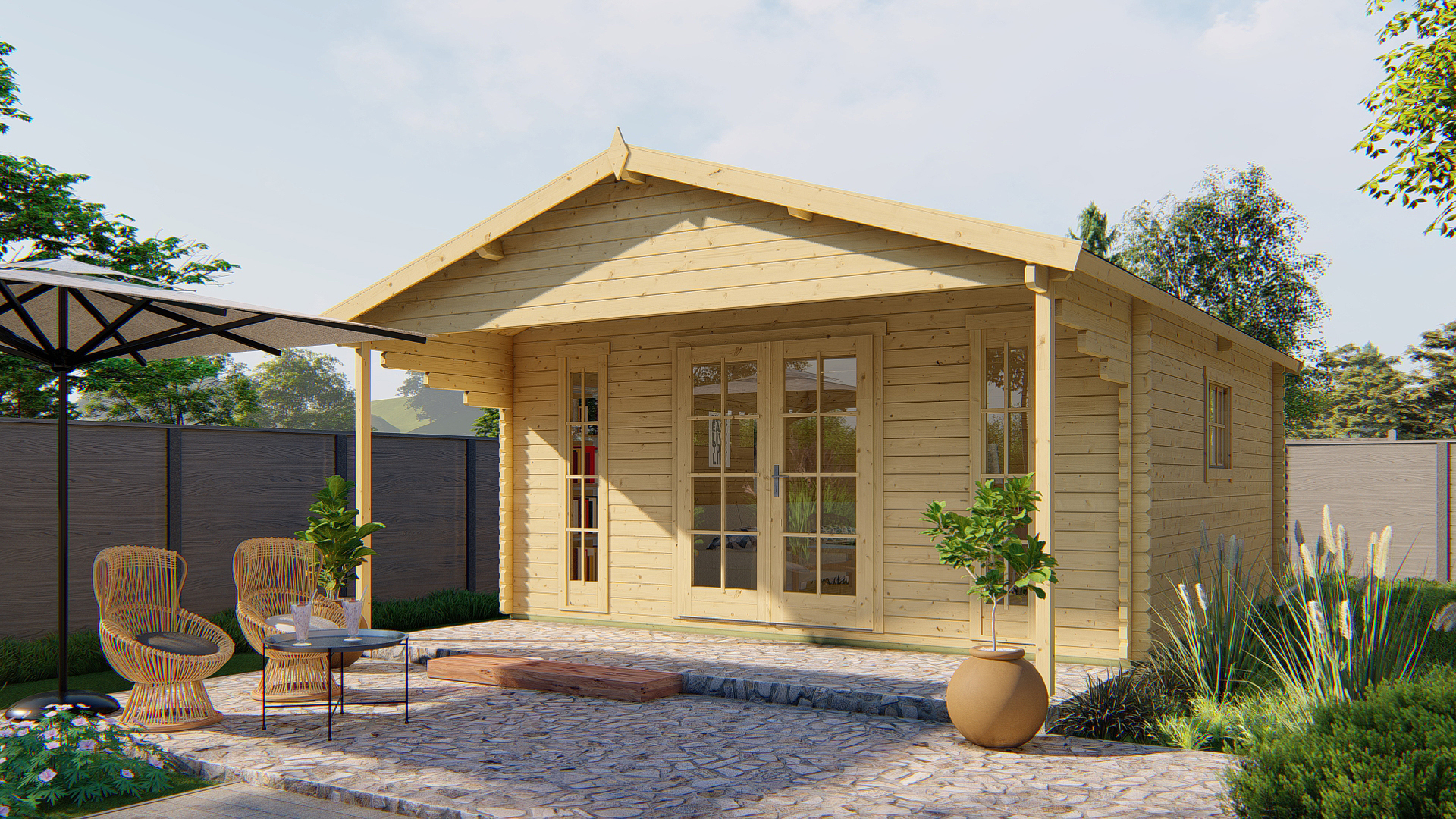 Blokhut - Tuinhuis Emiel | 44 mm | vuren bruin geïmpregneerd Blokhut - Tuinhuis Emiel | 44 mm | vuren bruin geïmpregneerd