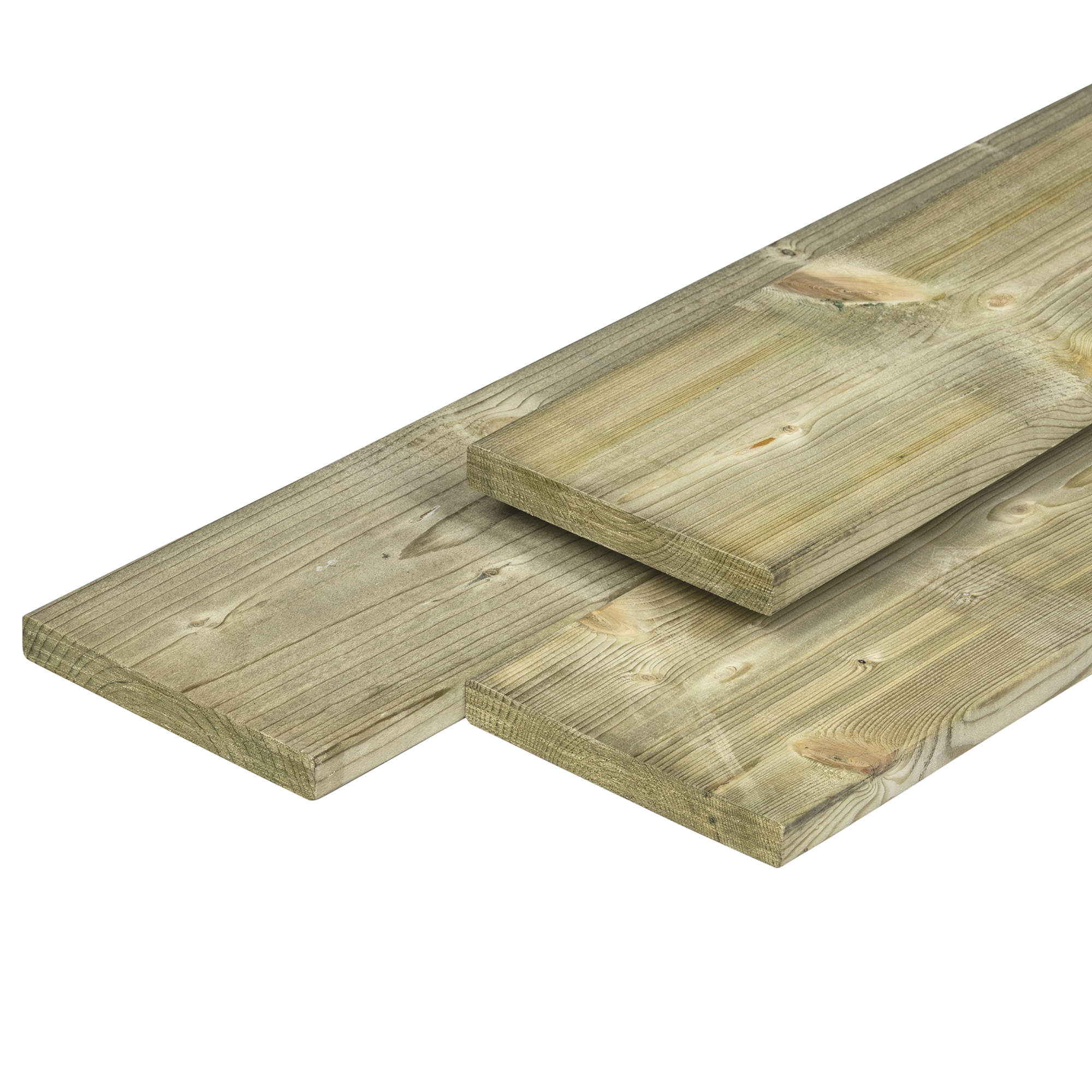 Grenen plank 1,5 x 14,0 x 500 cm, vers, groen geïmpregneerd, geschaafd, 4 ronde hoeken