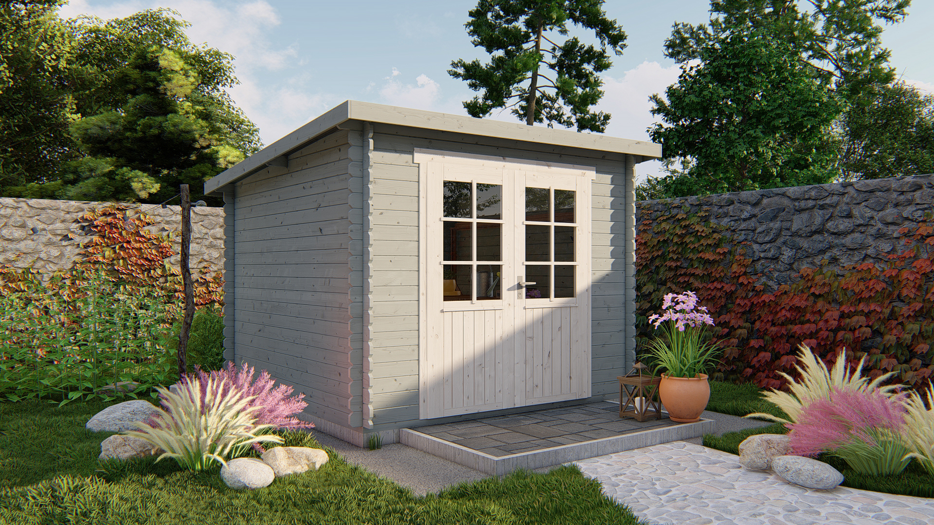 Blokhut - Tuinhuis Jörgen | 28 mm | vuren grijs geïmpregneerd Blokhut - Tuinhuis Jörgen | 28 mm | vuren grijs geïmpregneerd