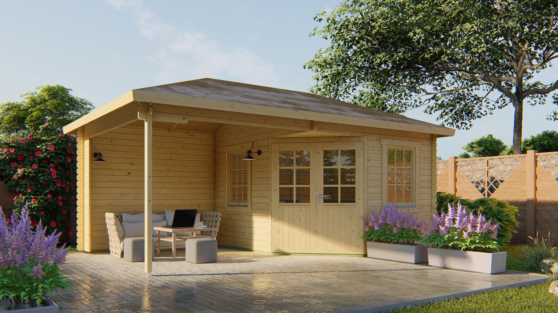 Blokhut - Tuinhuis Christoffer | 28 mm | vuren grijs geïmpregneerd Blokhut - Tuinhuis Christoffer | 28 mm | vuren grijs geïmpregneerd