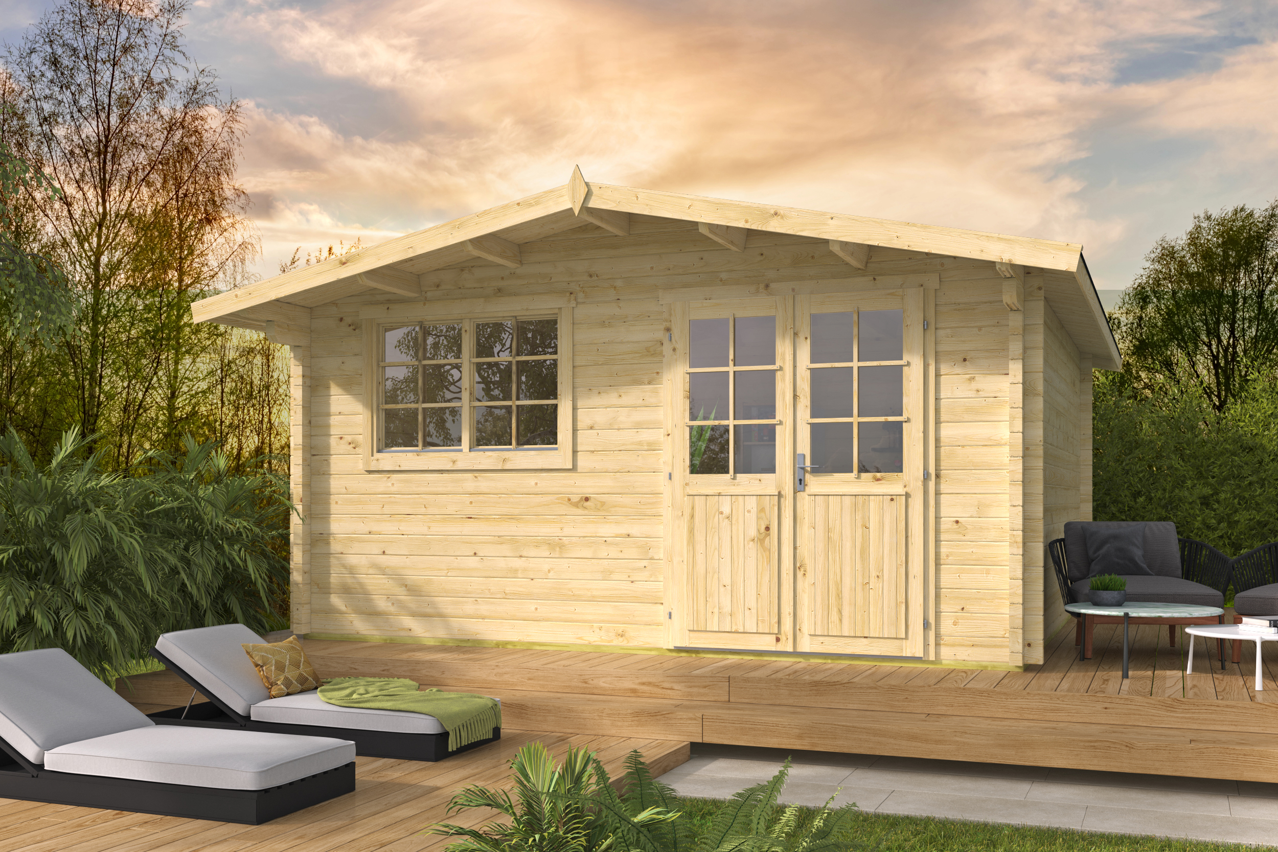 Blokhut - Tuinhuis Dingle | 70 mm | vuren honinggeel geïmpregneerd Blokhut - Tuinhuis Dingle | 70 mm | vuren honinggeel geïmpregneerd