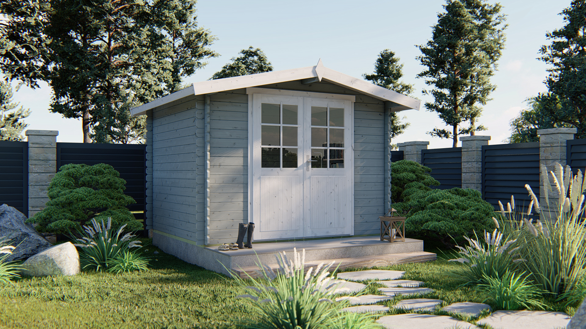 Blokhut - Tuinhuis Bjarni | 28 mm | grijs geïmpregneerd Blokhut - Tuinhuis Bjarni | 28 mm | grijs geïmpregneerd